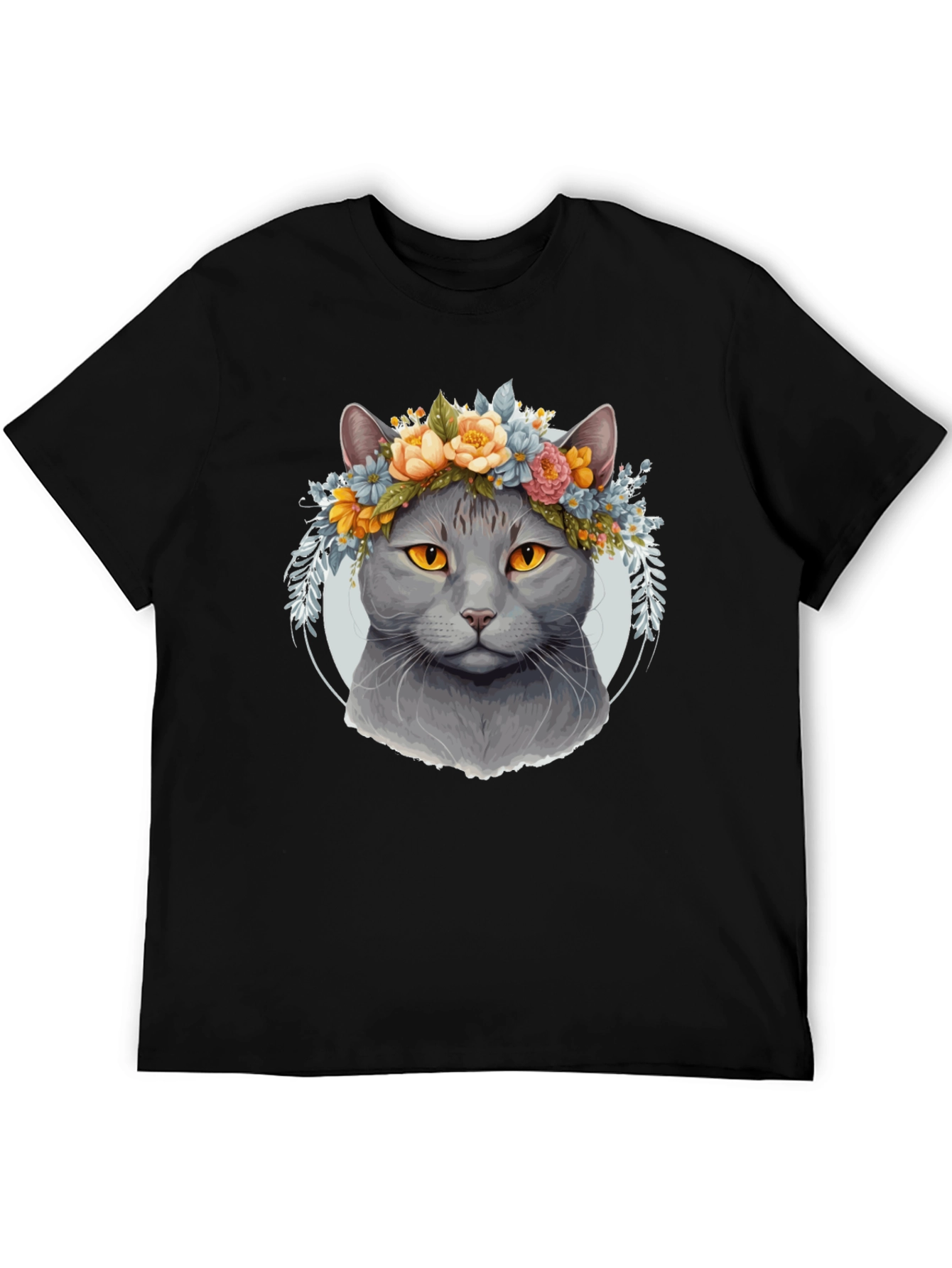 Cat with Floral Crown Black T-Shirt