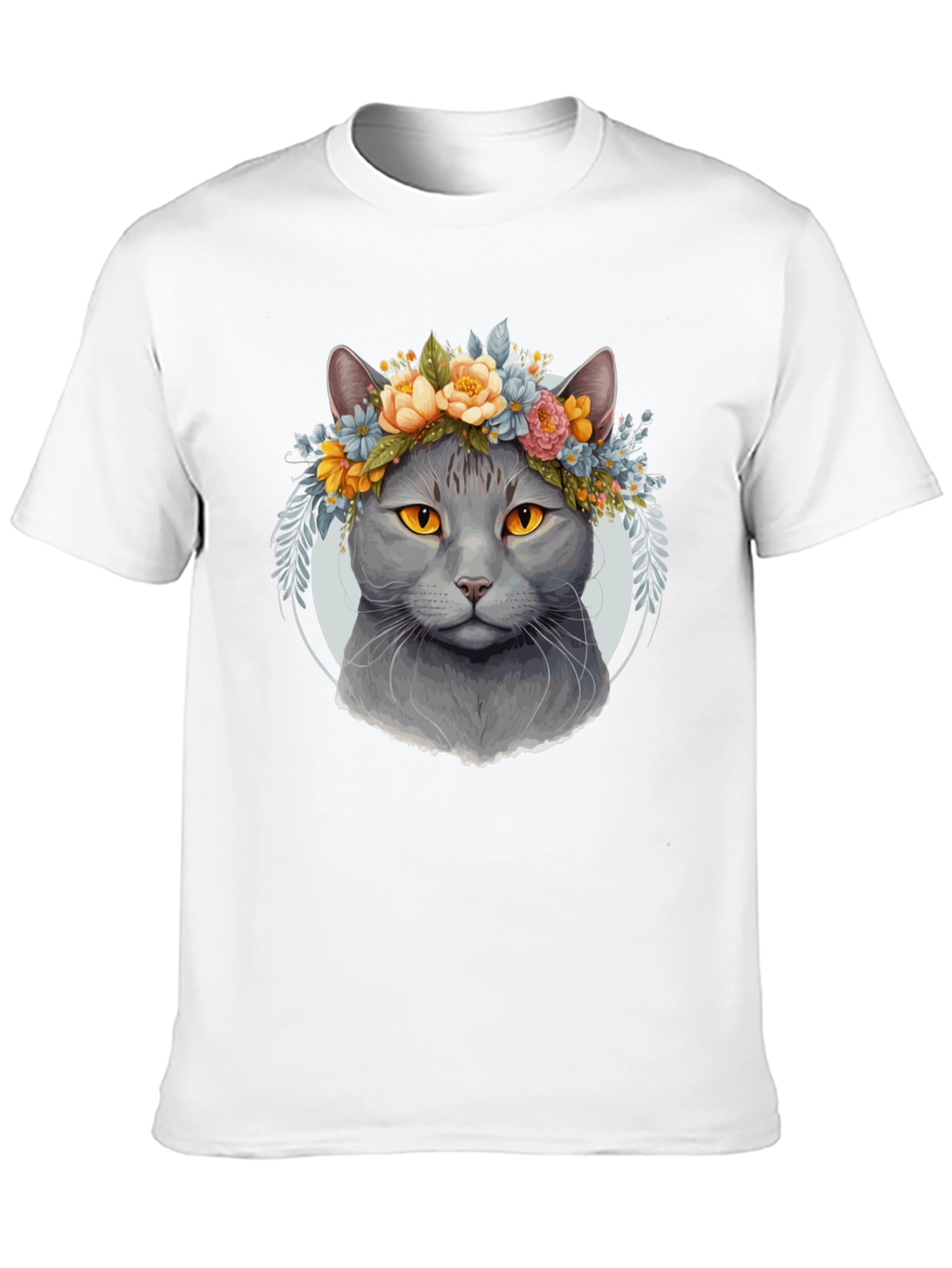 Cat with Floral Crown Black T-Shirt