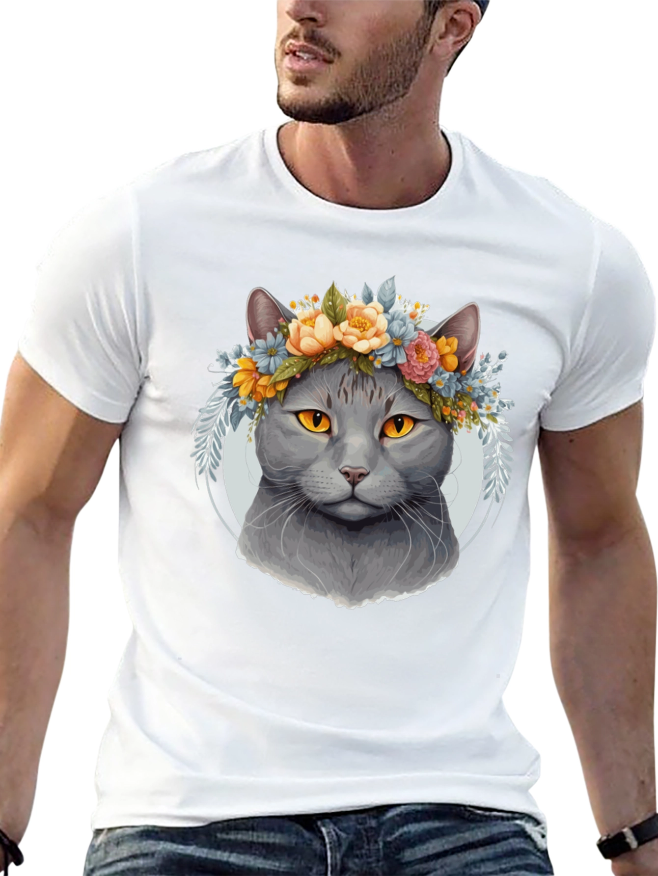 Cat with Floral Crown Black T-Shirt