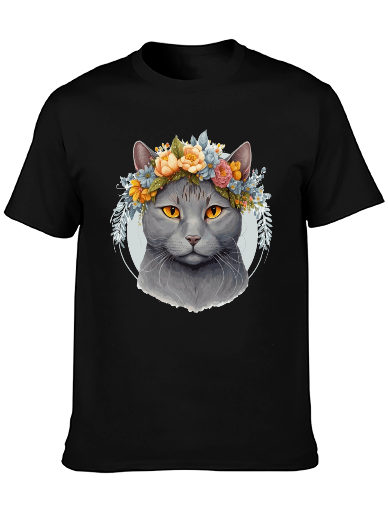 Cat with Floral Crown Black T-Shirt