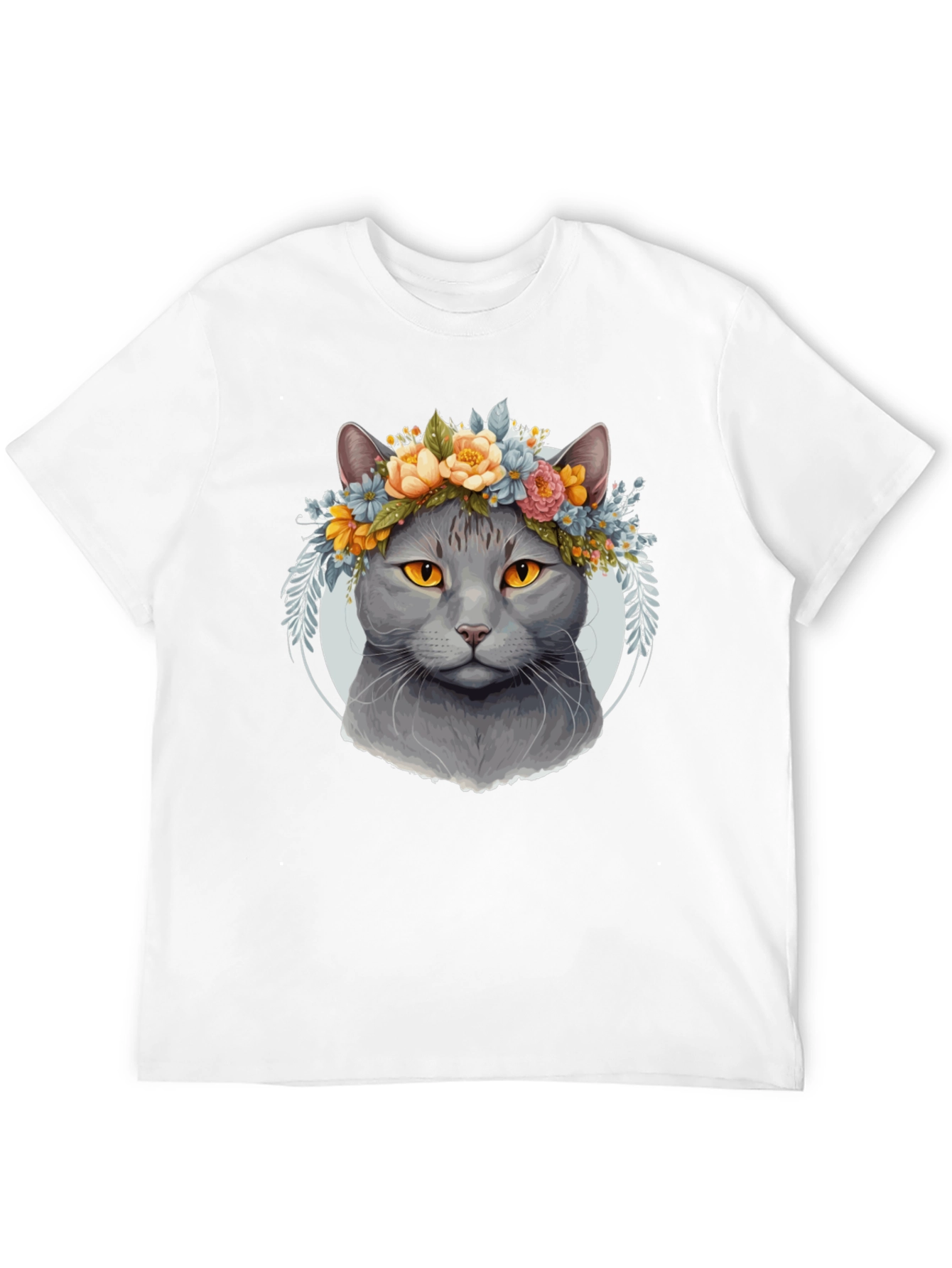Cat with Floral Crown Black T-Shirt