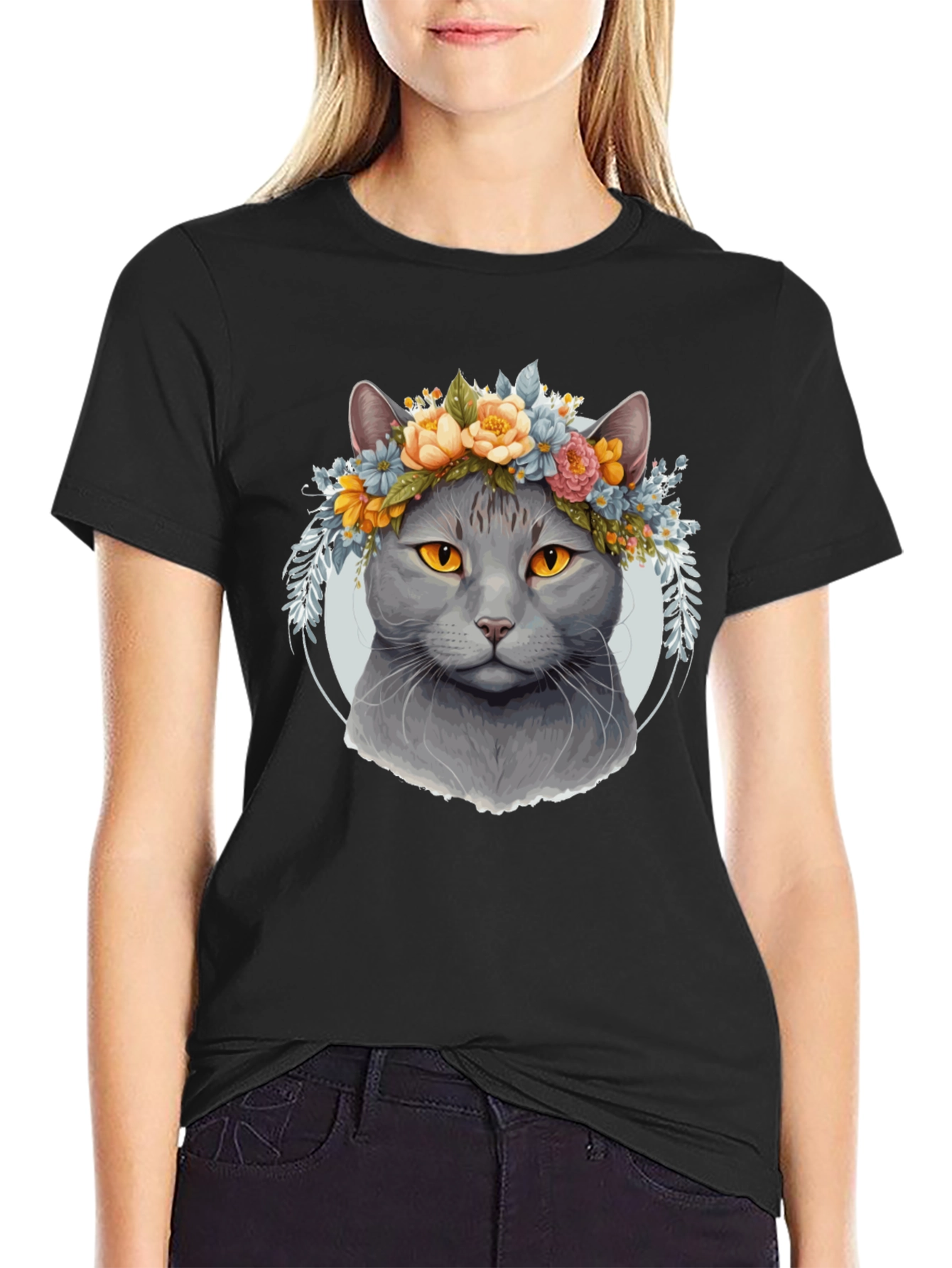 Cat with Floral Crown Black T-Shirt