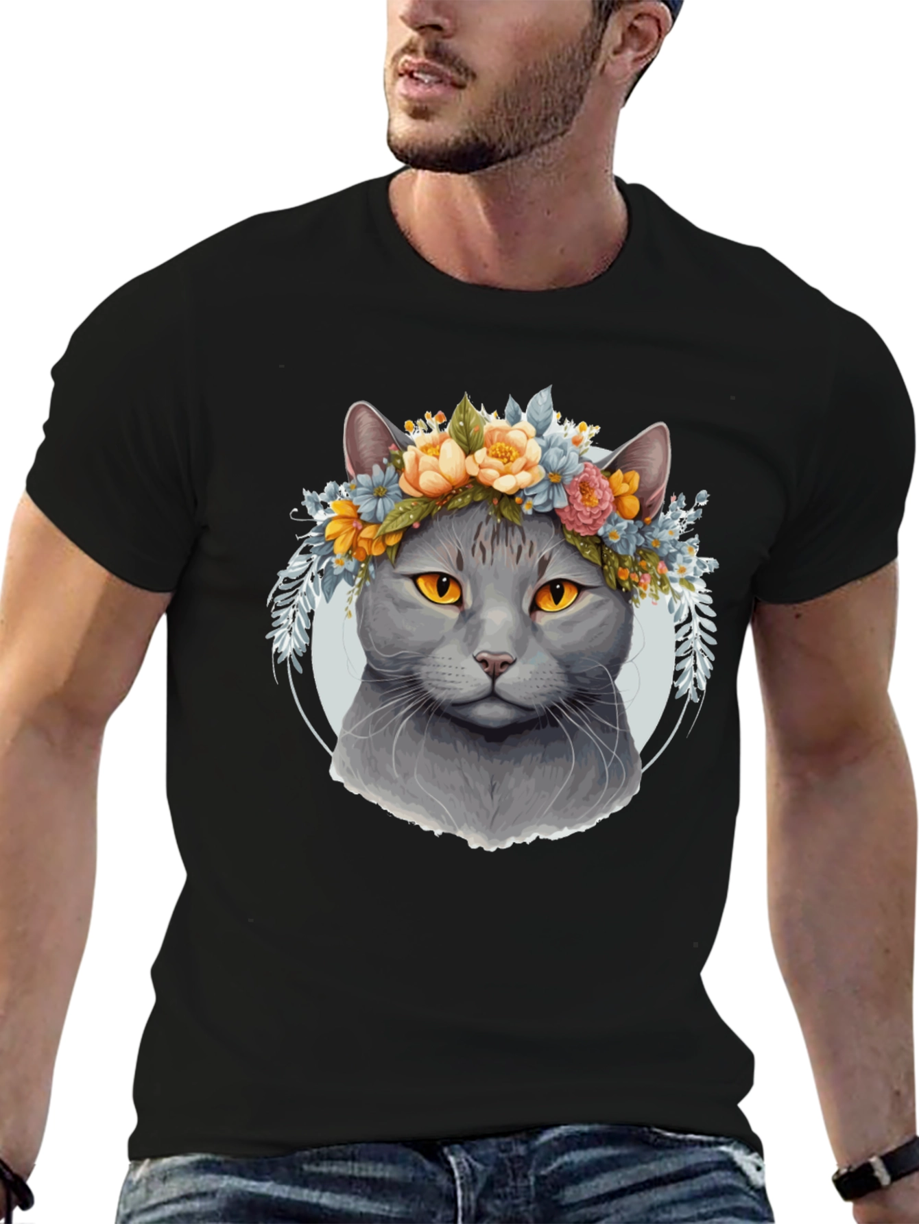 Cat with Floral Crown Black T-Shirt