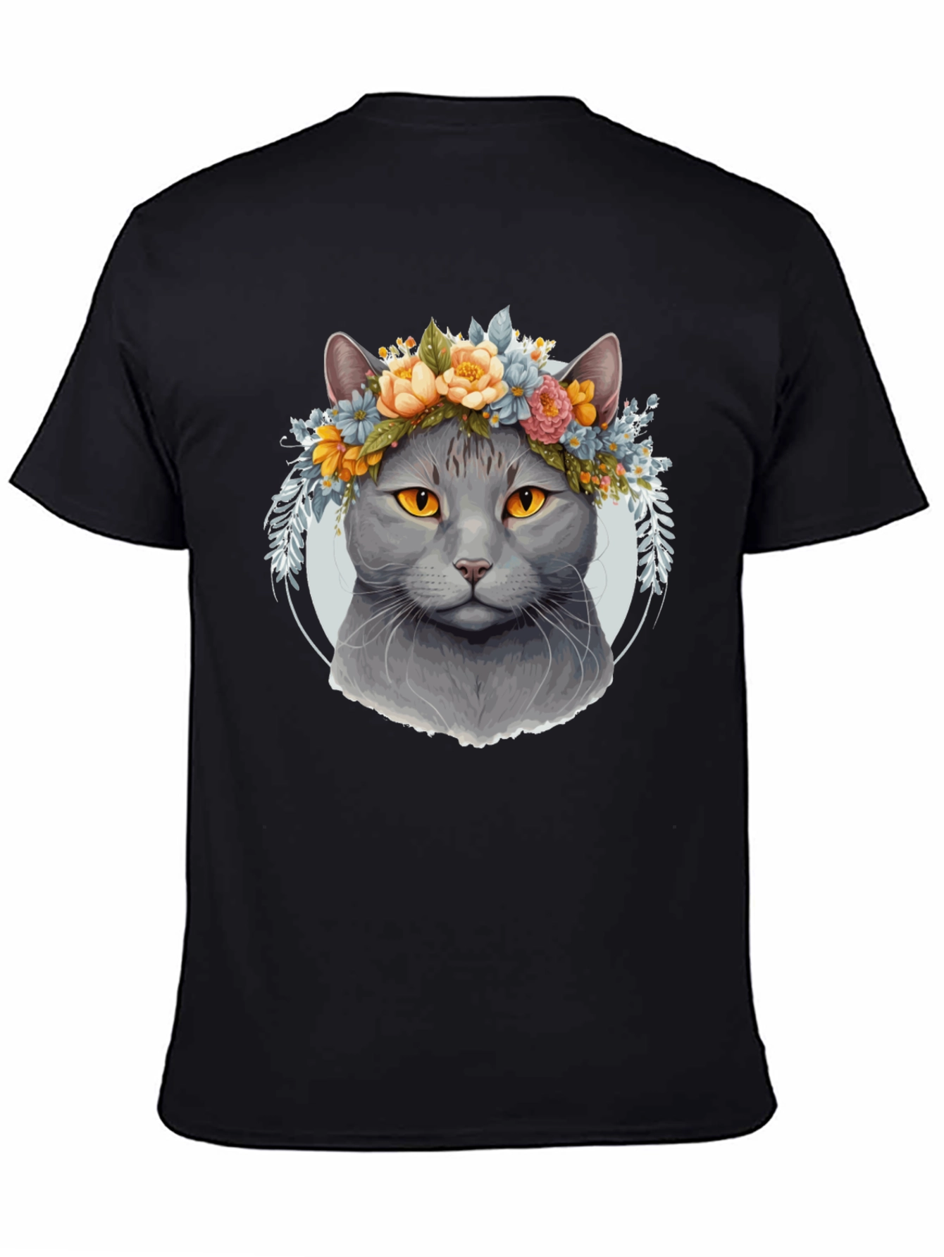 Cat with Floral Crown Black T-Shirt