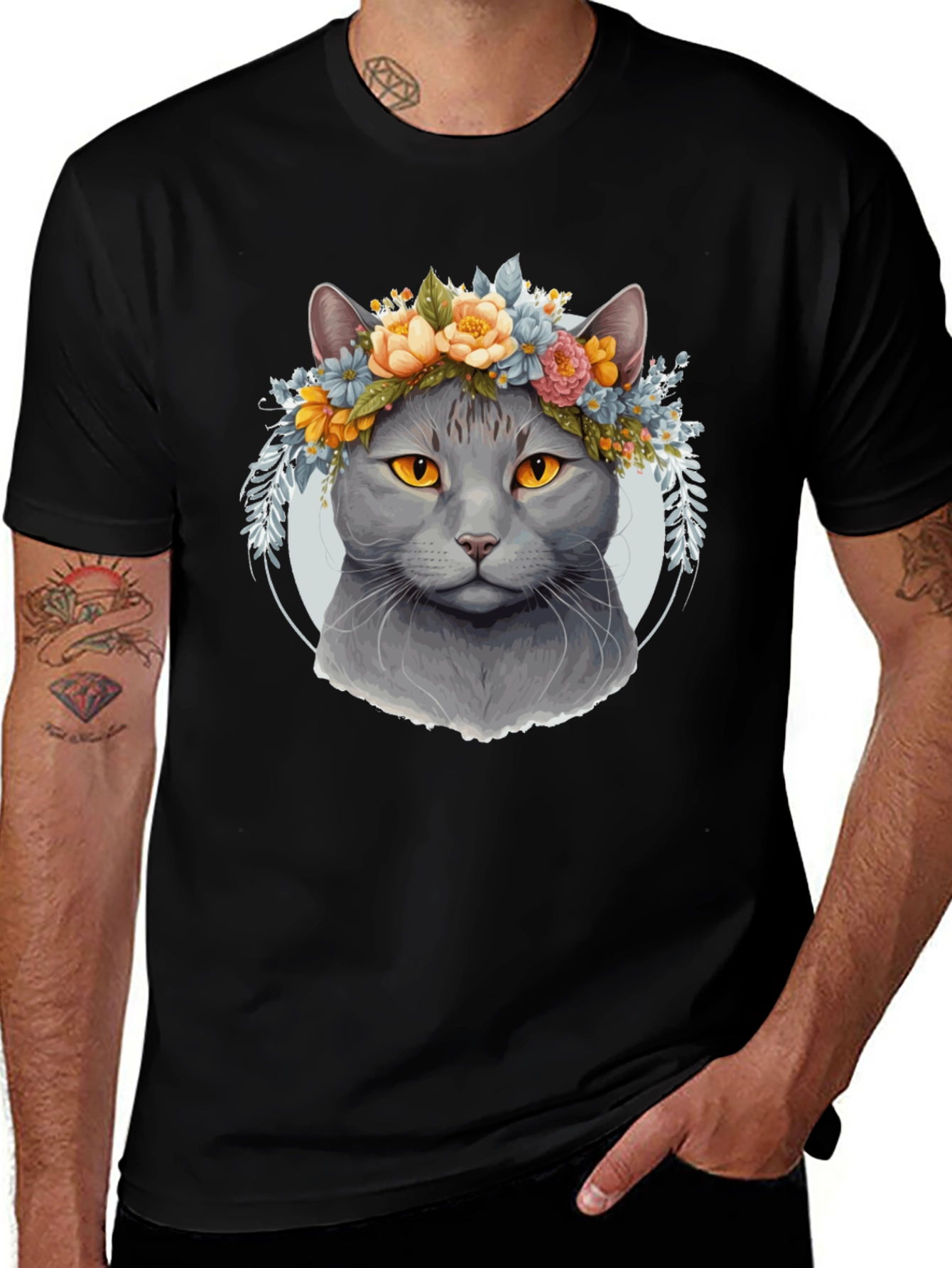 Cat with Floral Crown Black T-Shirt