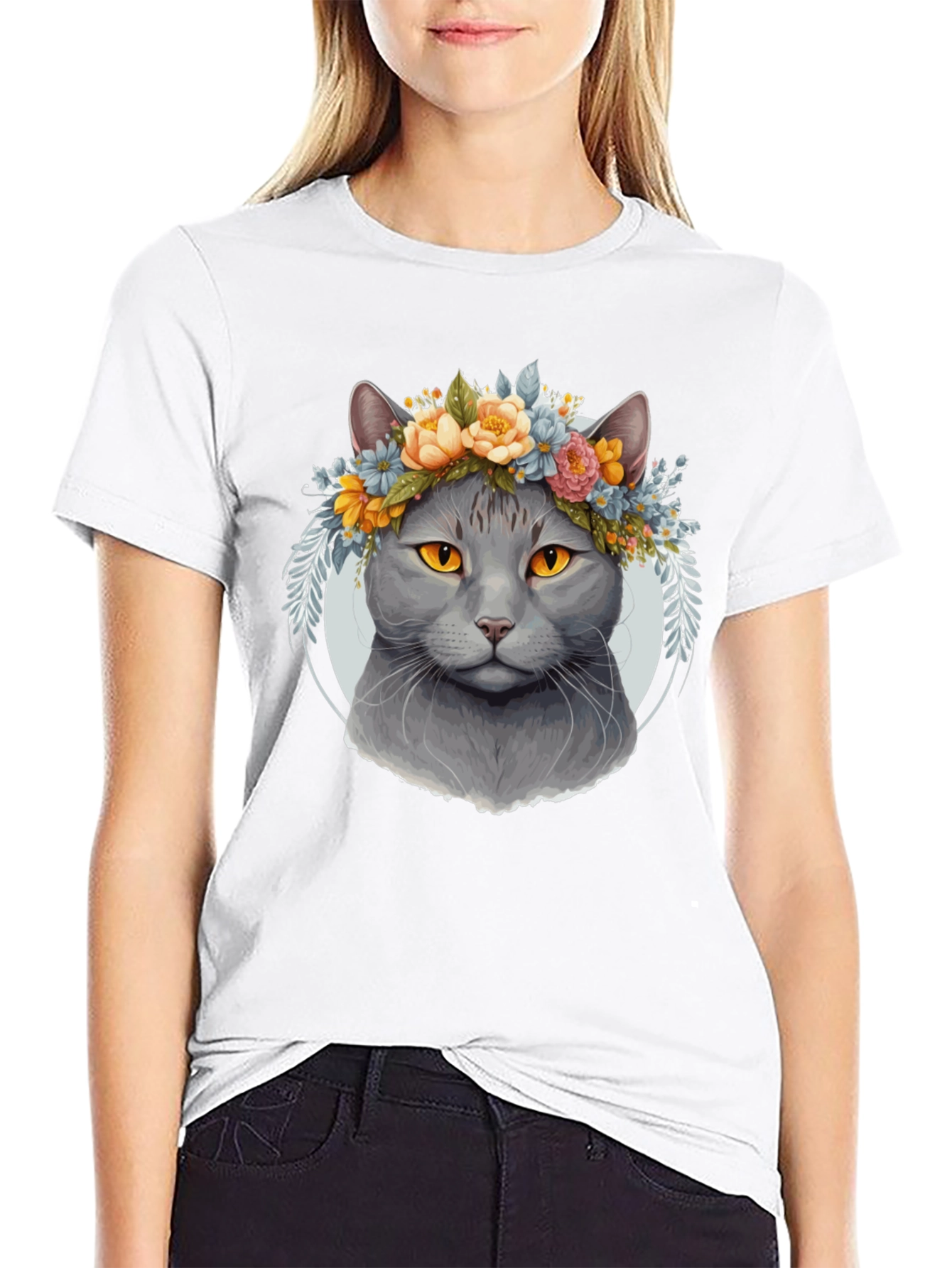 Cat with Floral Crown Black T-Shirt