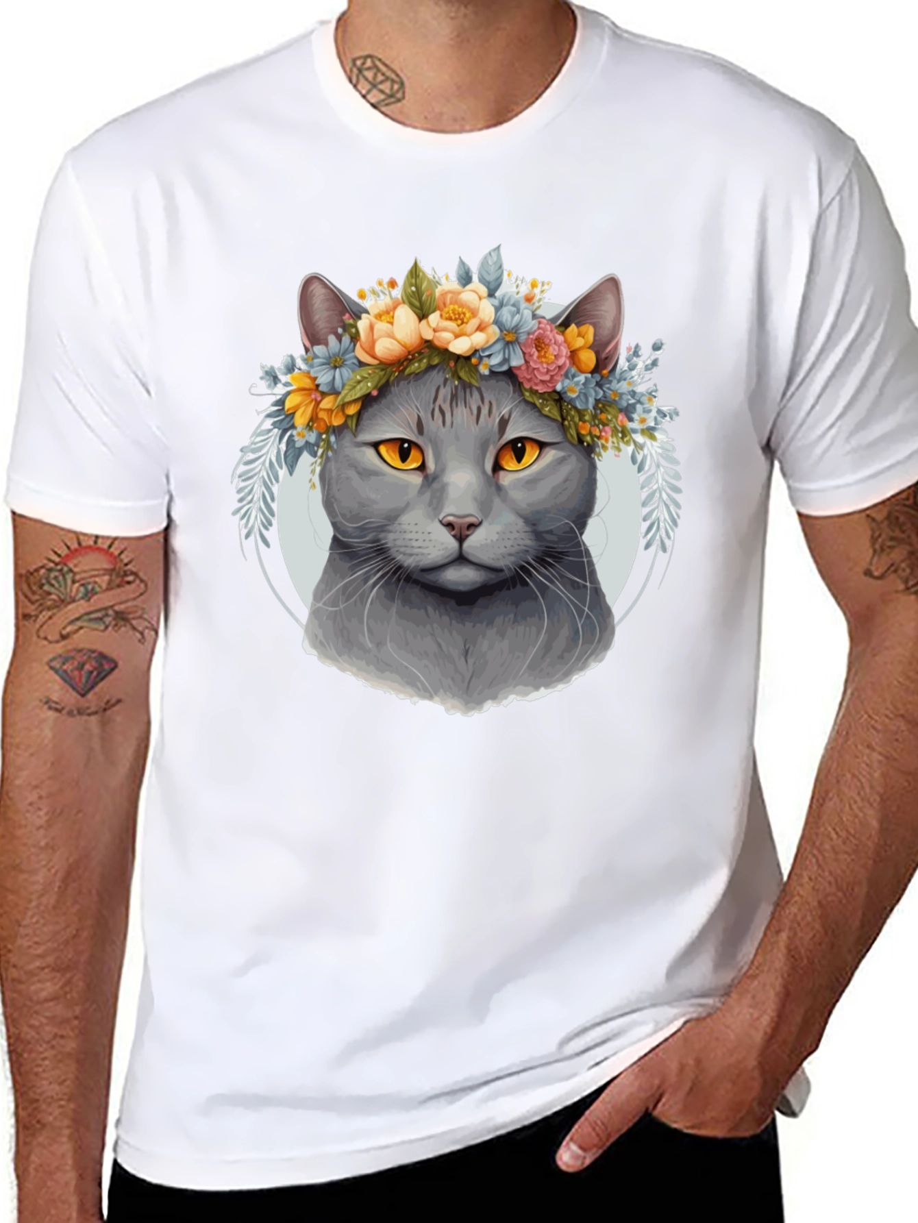Cat with Floral Crown Black T-Shirt