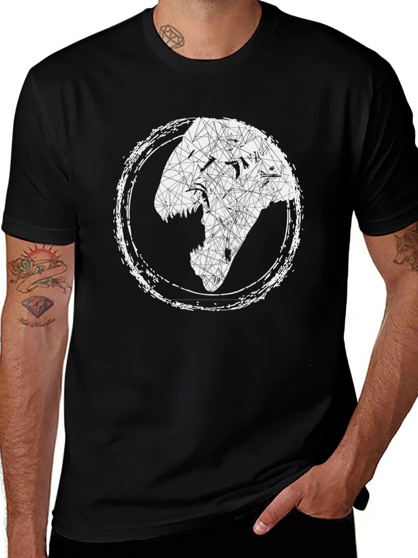 Geometric Dinosaur Head Graphic Tee - Black