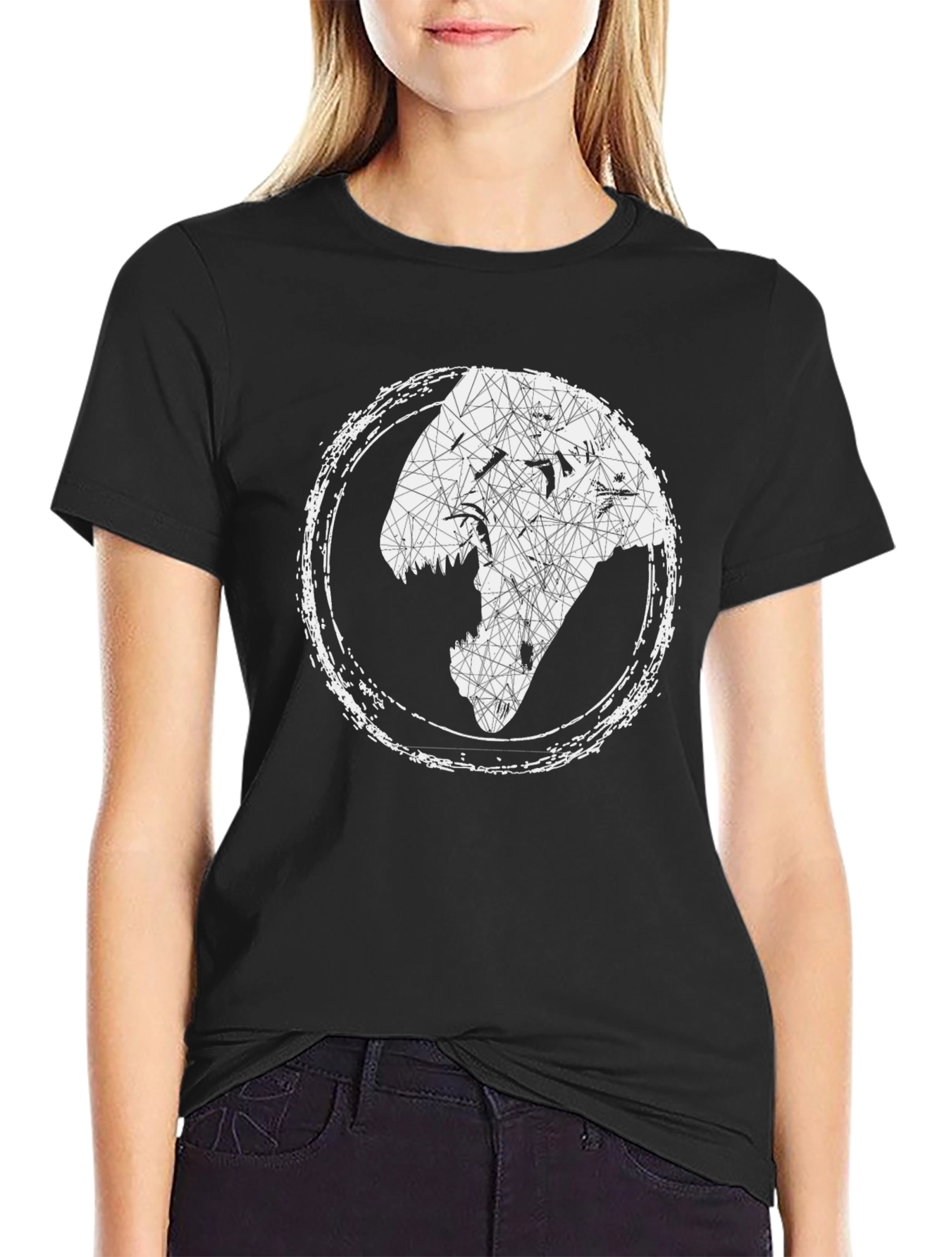 Geometric Dinosaur Head Graphic Tee - Black