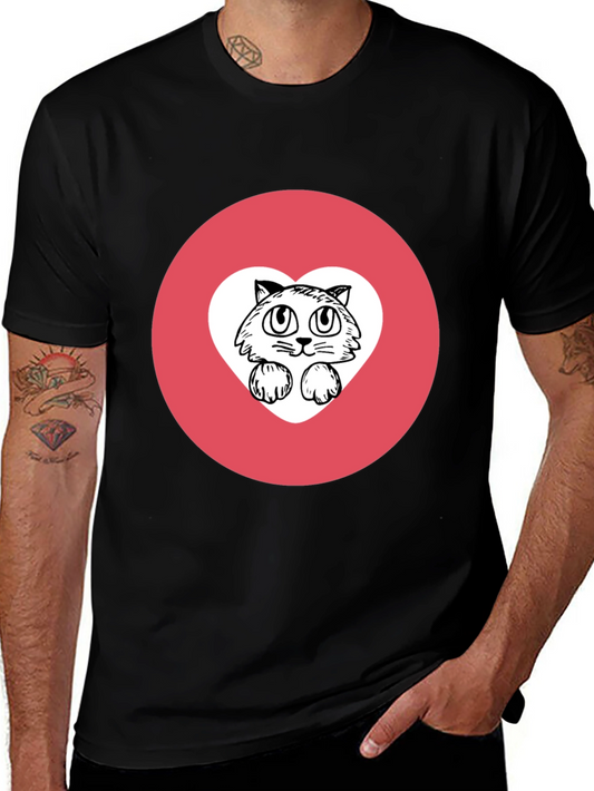 Cute Cat Heart Graphic Tee - Black Cotton Comfort