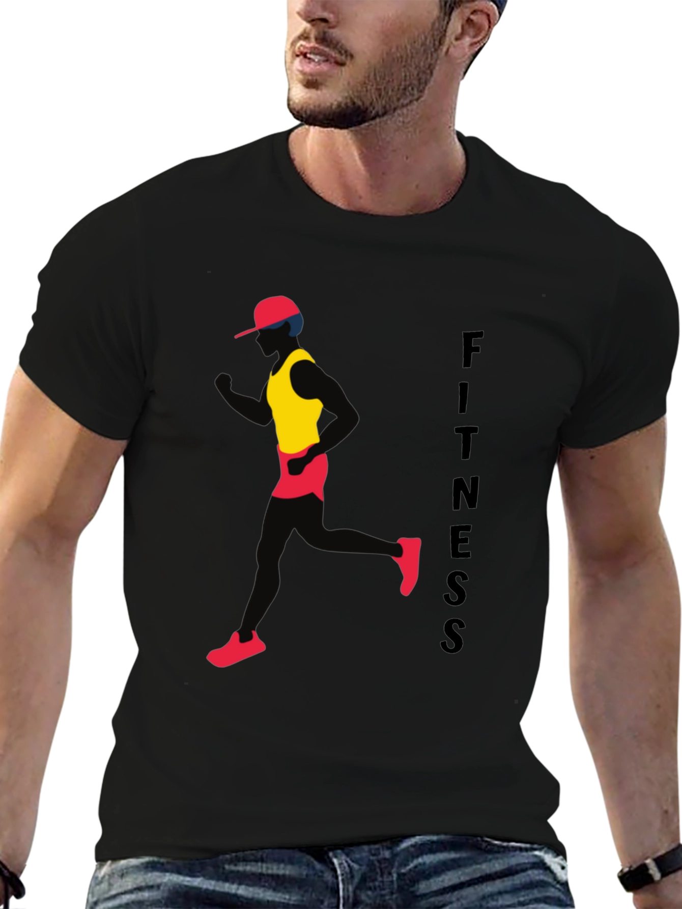 Fitness Black T-Shirt Running Man Design
