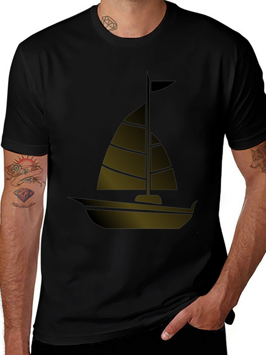 Sailing Boat Graphic Tee - Black Casual T-Shirt