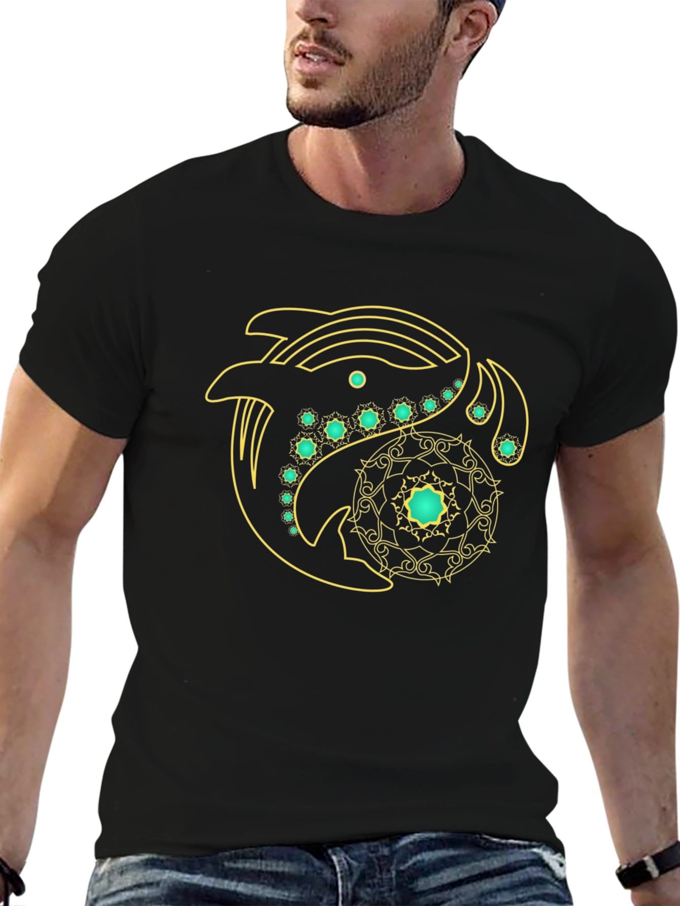 Black T-Shirt with Dolphin Mandala Graphic