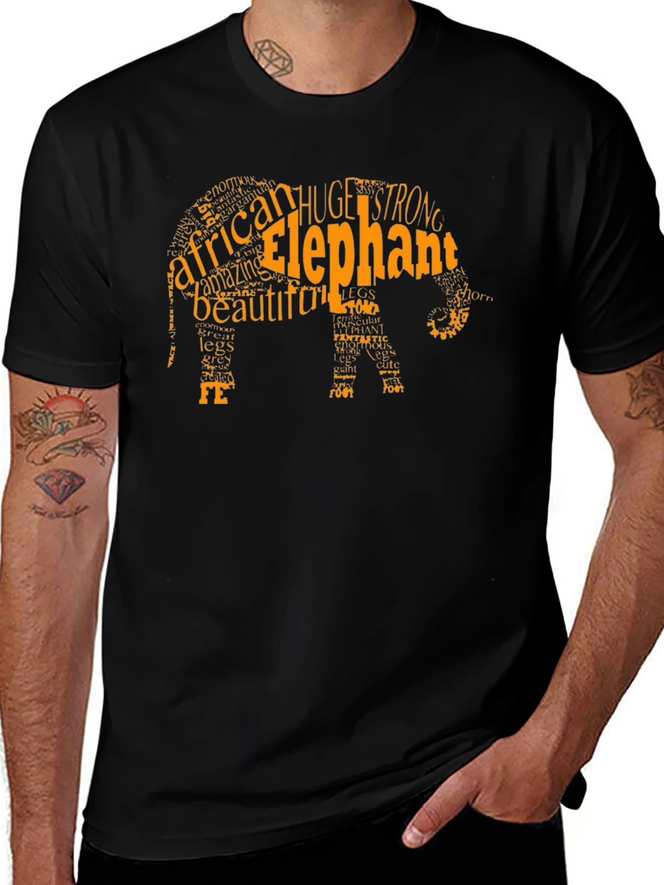 Elephant Word Art Mens Black T-Shirt