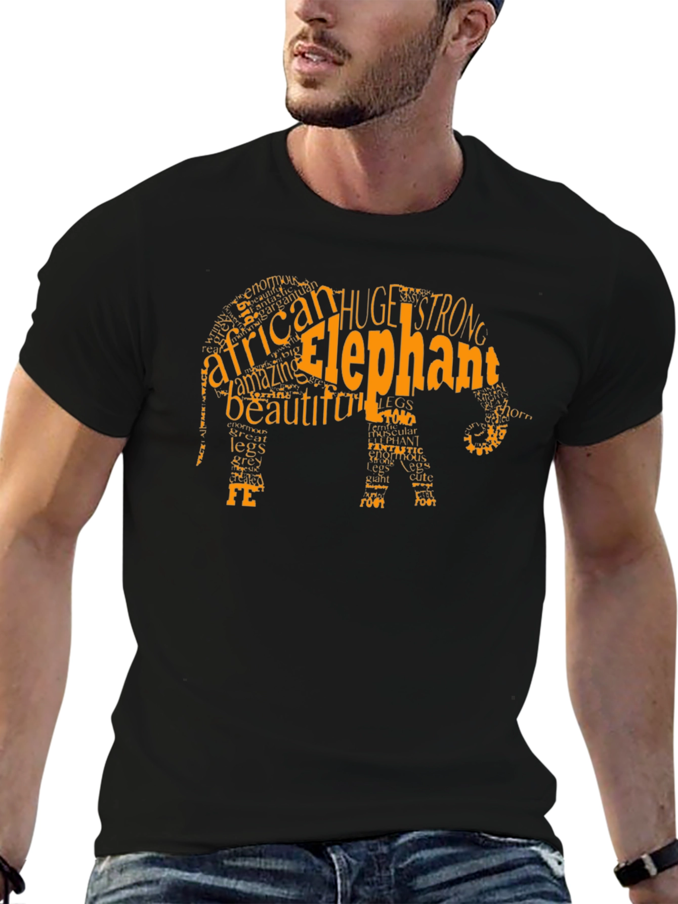 Elephant Word Art Mens Black T-Shirt