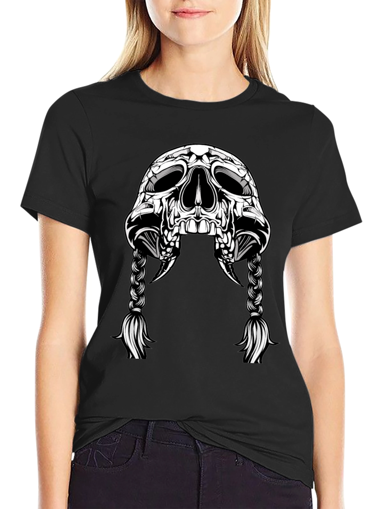 Skull With Braids Graphic Tee - Mens Black T-Shirt