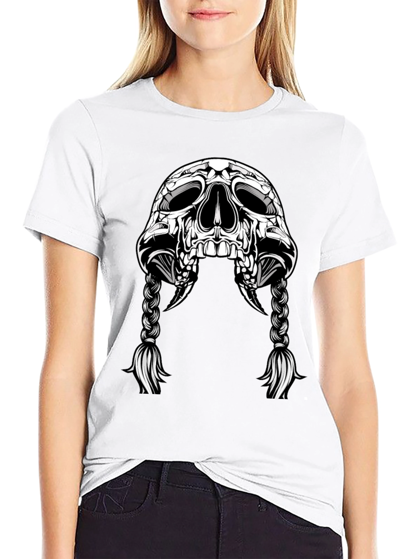 Skull With Braids Graphic Tee - Mens Black T-Shirt