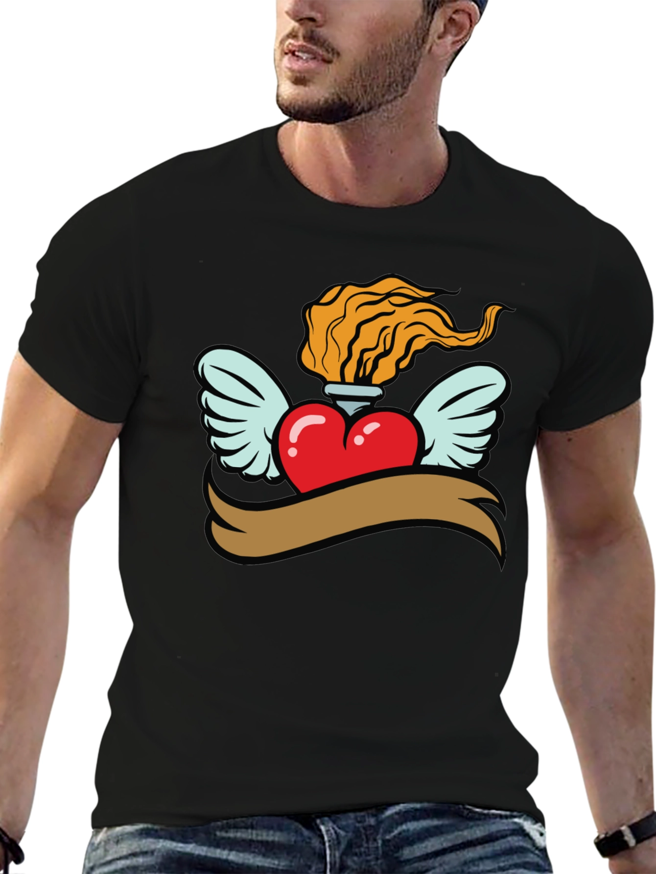 Heart with Wings & Flame Graphic Tee - Black