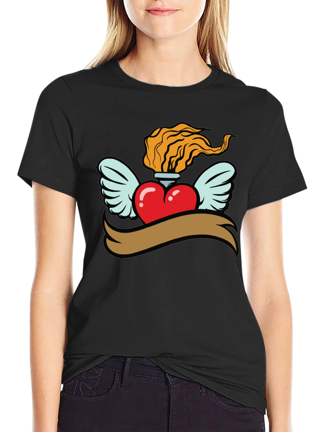 Heart with Wings & Flame Graphic Tee - Black