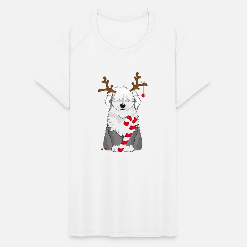 Bobtail dog with candy cane and reindeer antlers