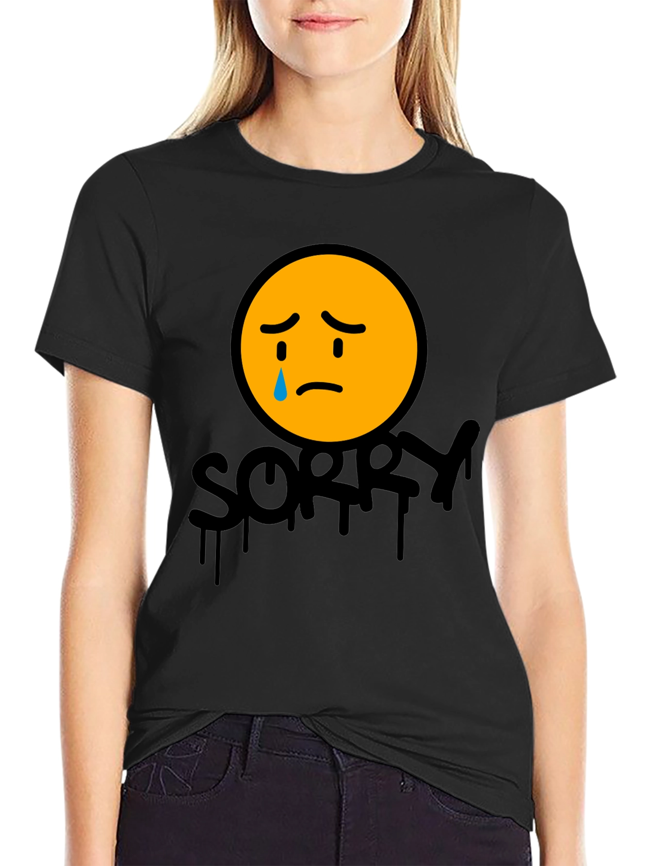 Sorry Face Graphic Tee - Black Cotton Blend