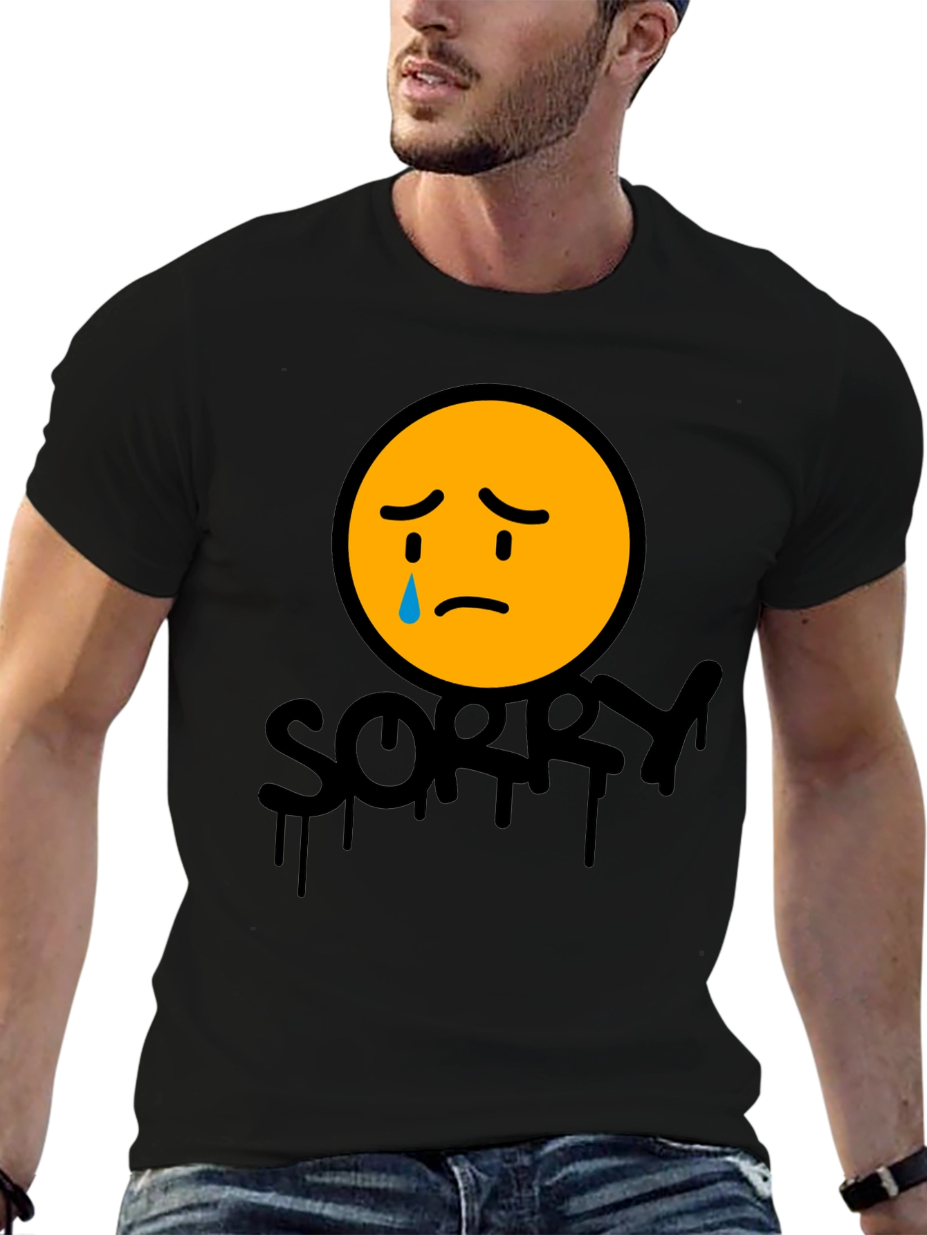 Sorry Face Graphic Tee - Black Cotton Blend