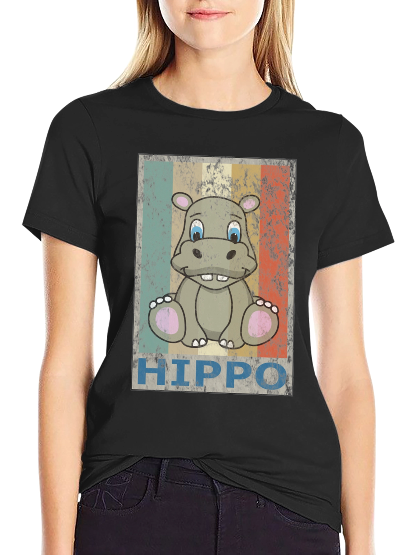 Retro Hippo Graphic Tee - Unisex Black T-Shirt
