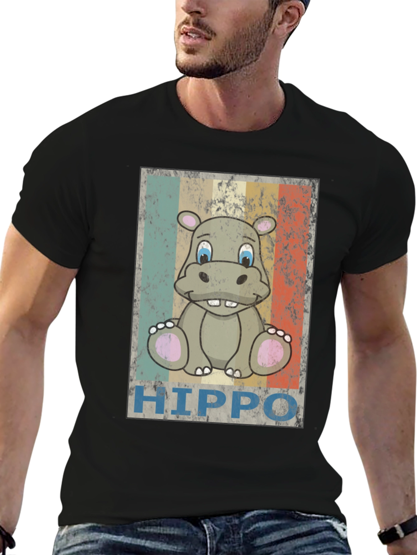 Retro Hippo Graphic Tee - Unisex Black T-Shirt