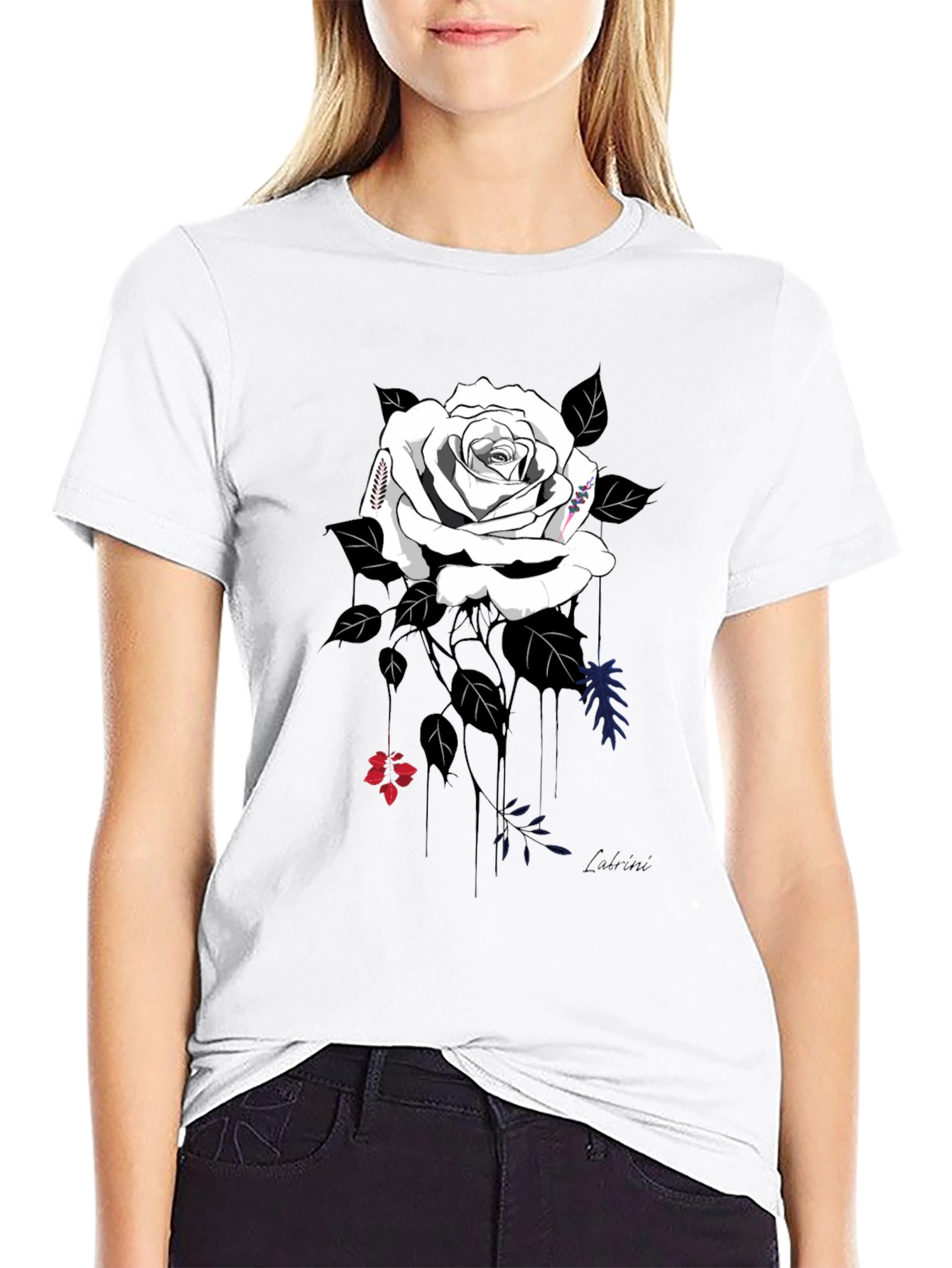 Elegant Rose Graphic Tee - Stylish Black Cotton Blend