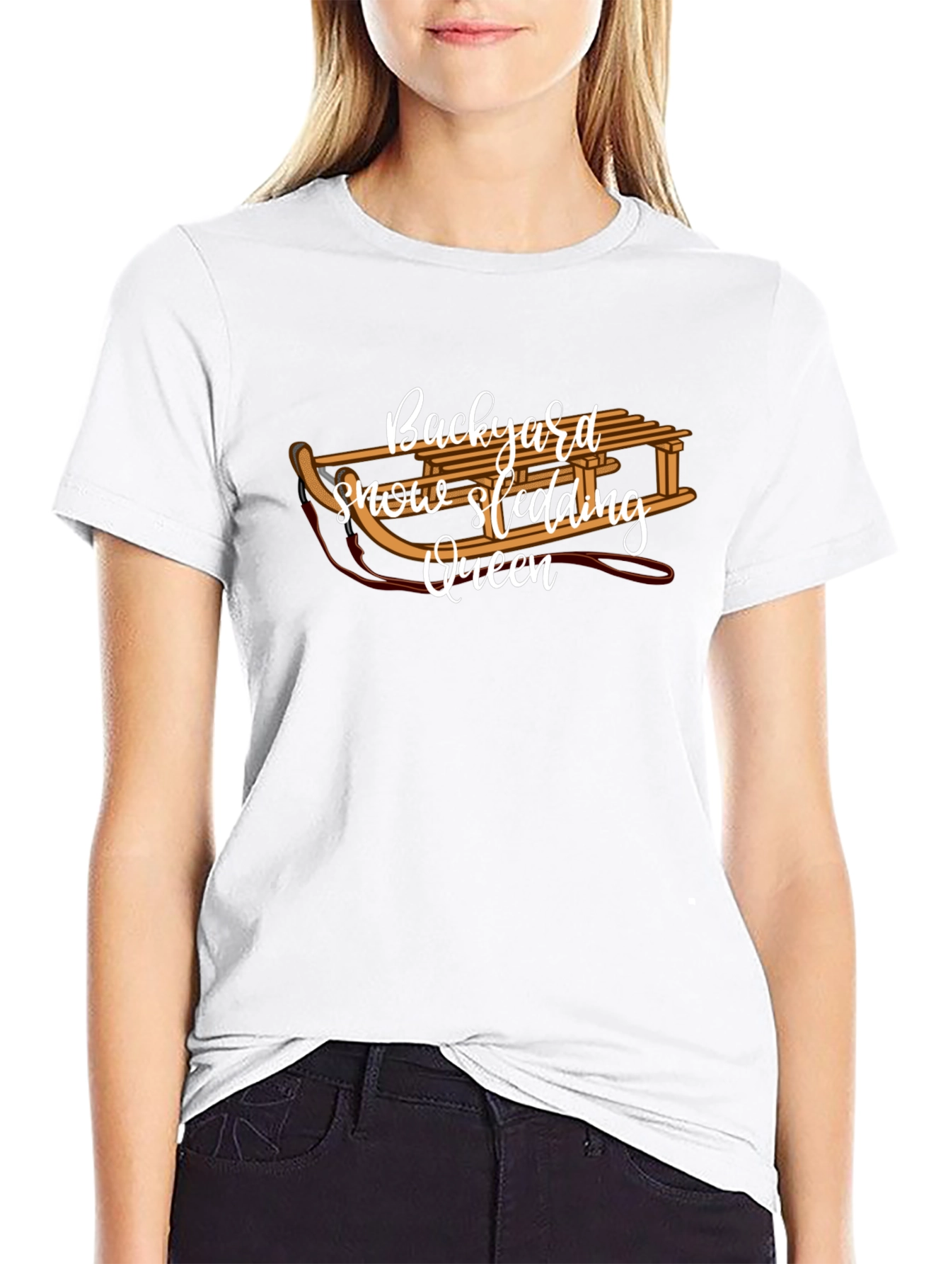Backyard Snow Sledding Queen Black T-Shirt