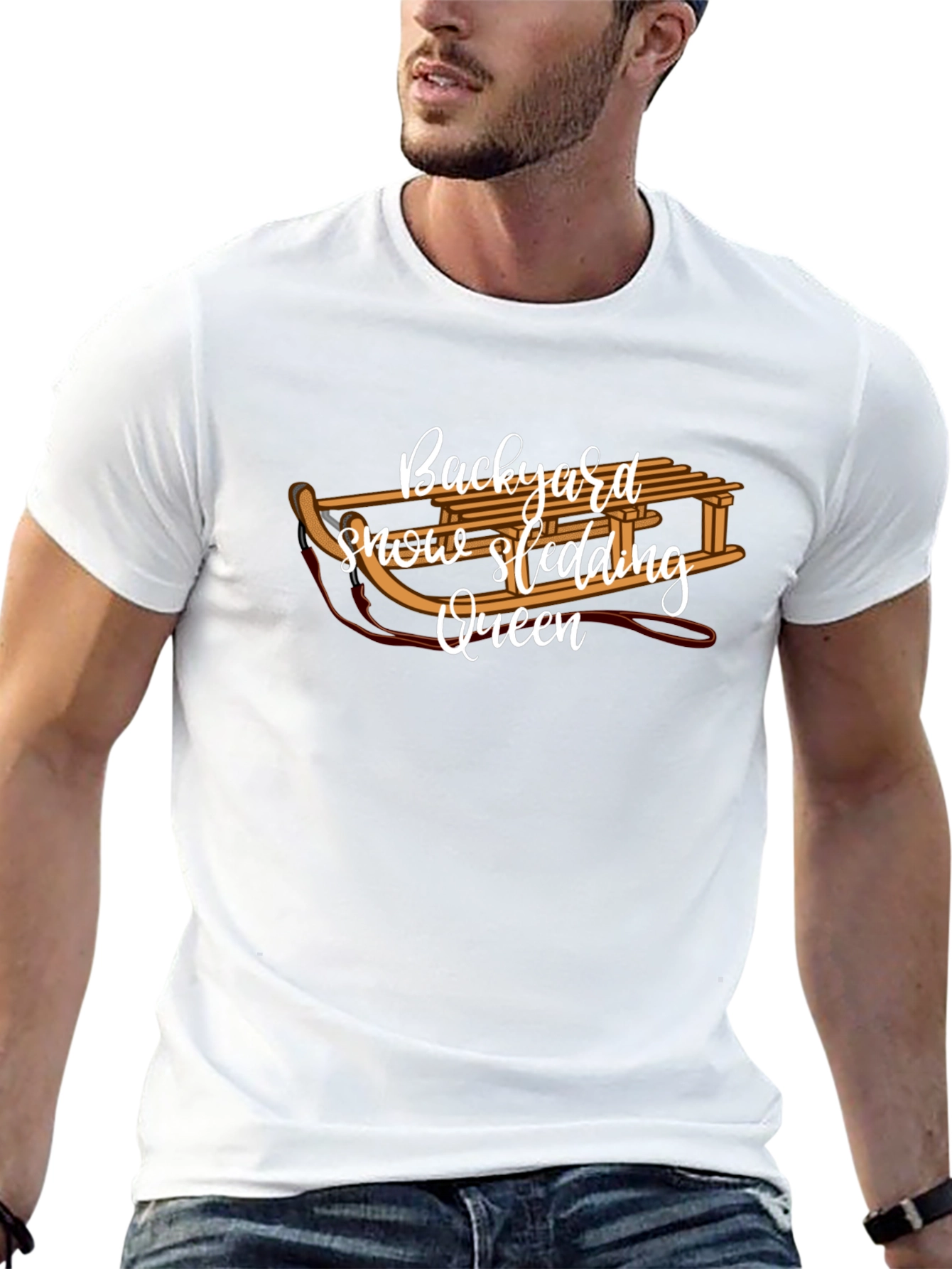 Backyard Snow Sledding Queen Black T-Shirt