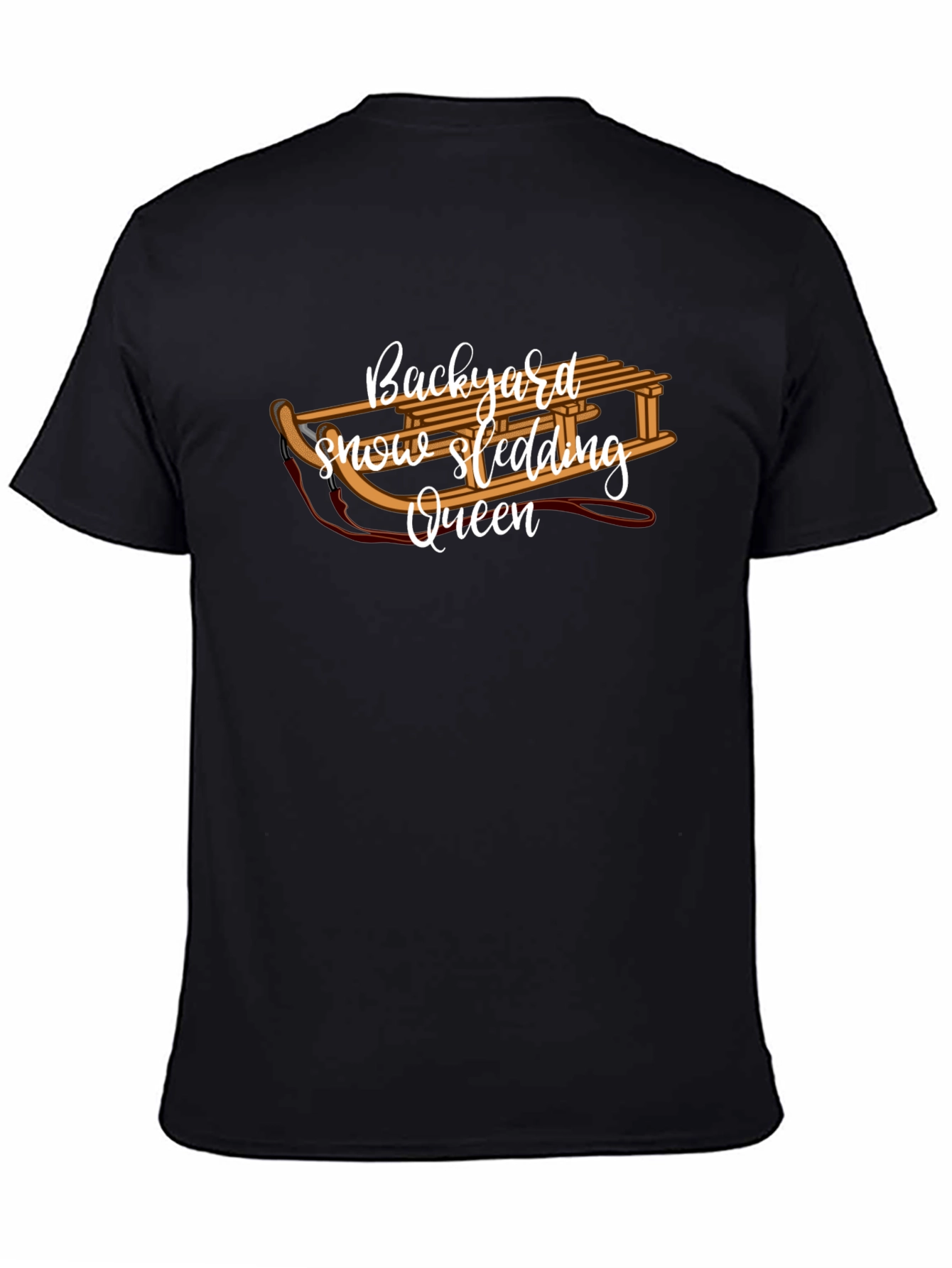 Backyard Snow Sledding Queen Black T-Shirt