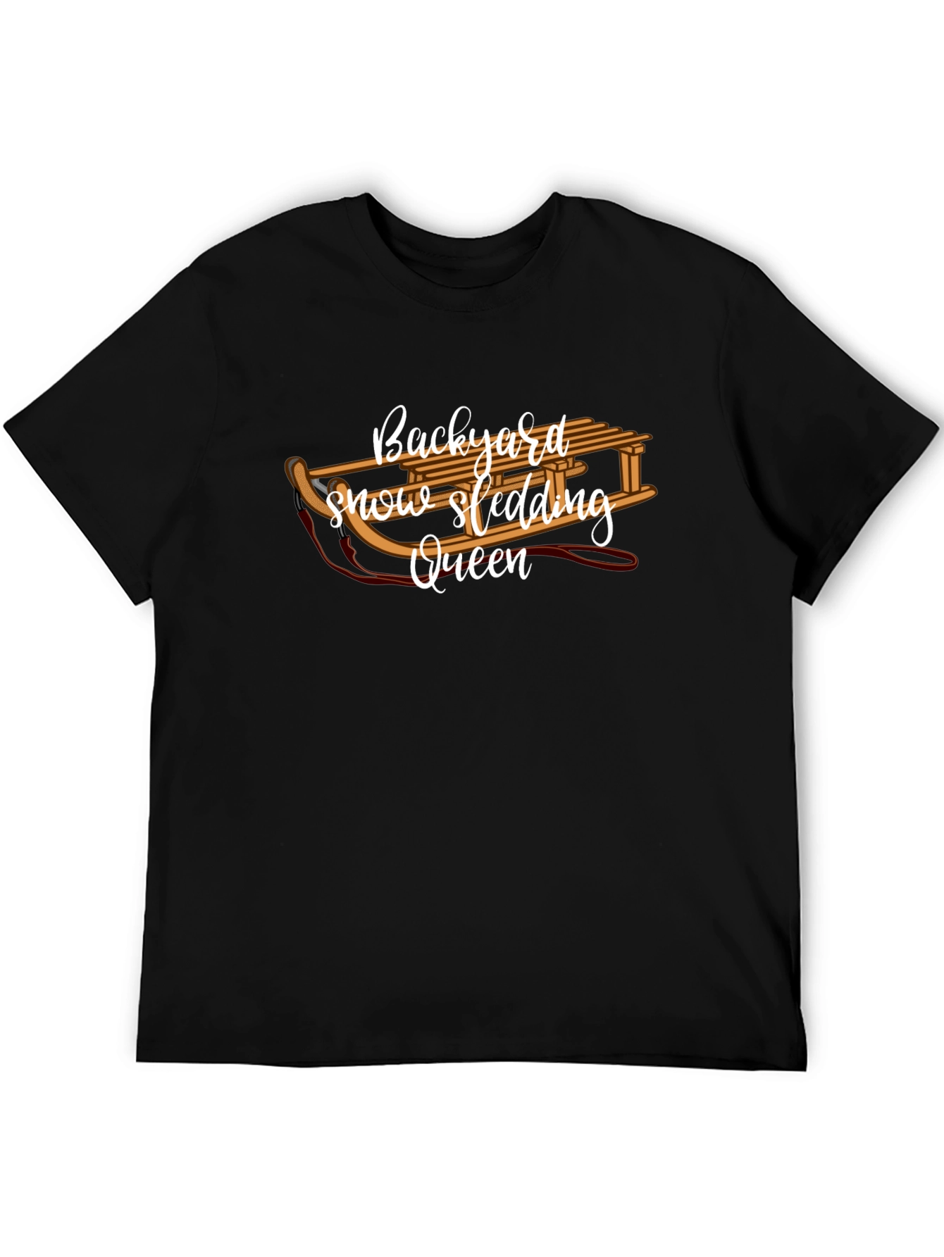Backyard Snow Sledding Queen Black T-Shirt