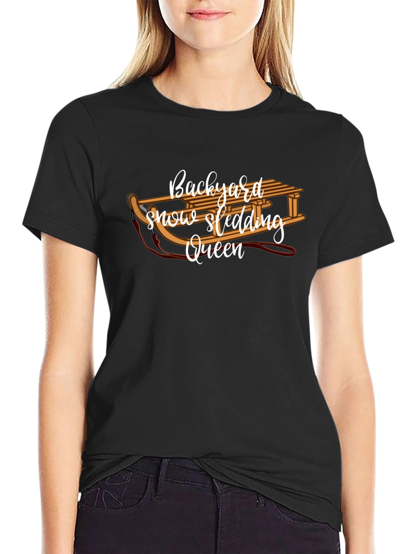Backyard Snow Sledding Queen Black T-Shirt