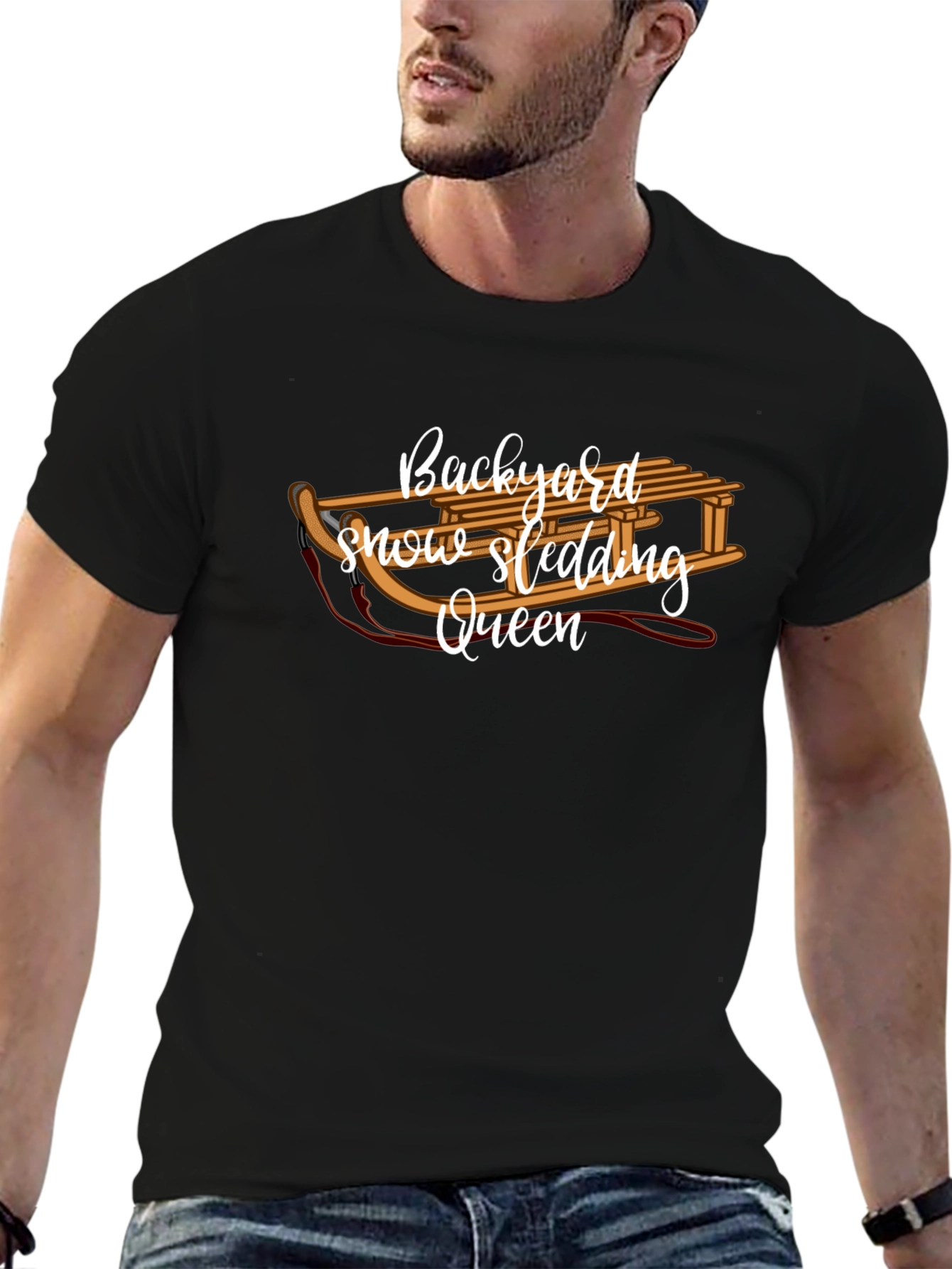 Backyard Snow Sledding Queen Black T-Shirt