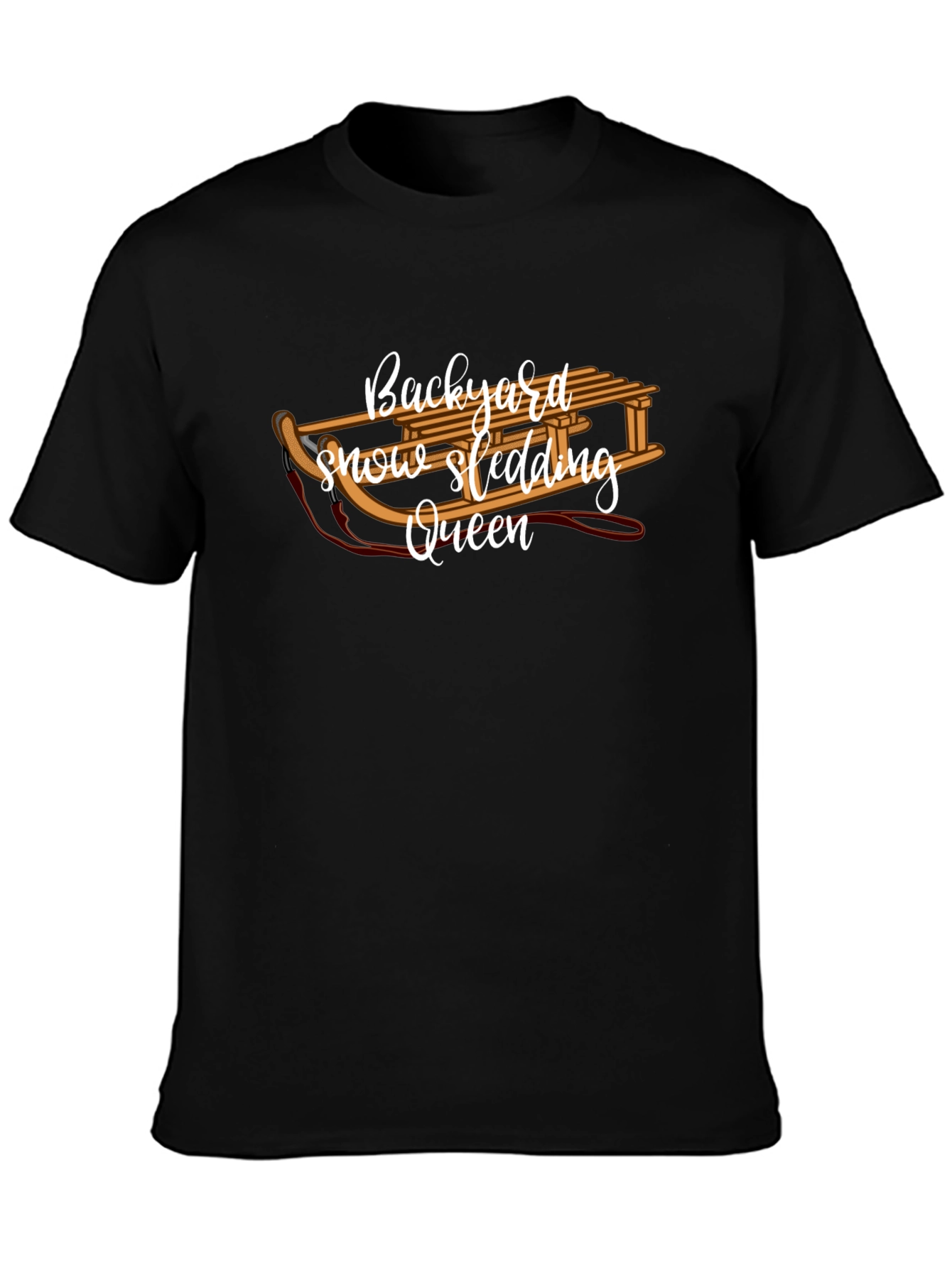 Backyard Snow Sledding Queen Black T-Shirt