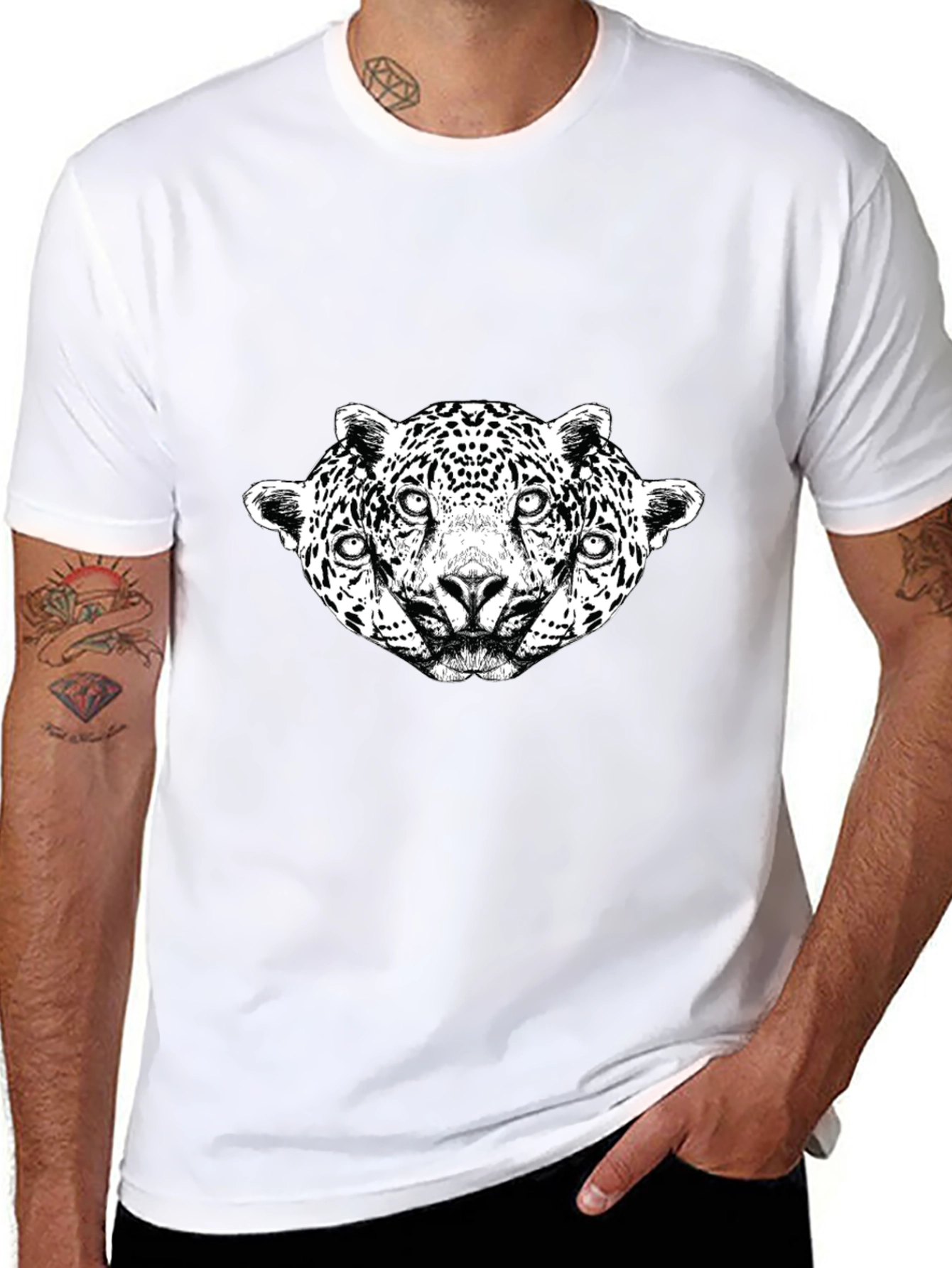 Unique Three Headed Leopard Graphic Black Tee