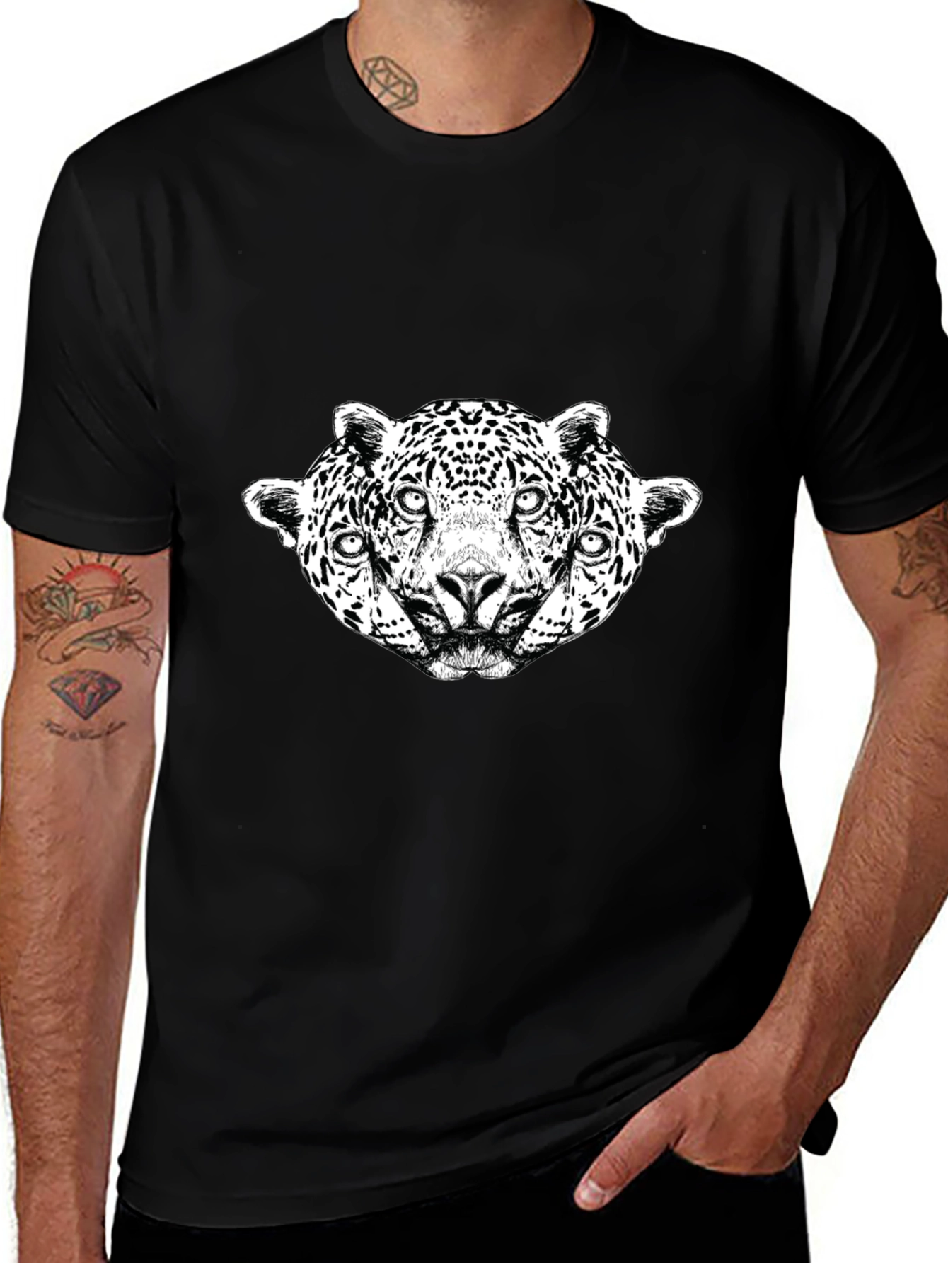 Unique Three Headed Leopard Graphic Black Tee