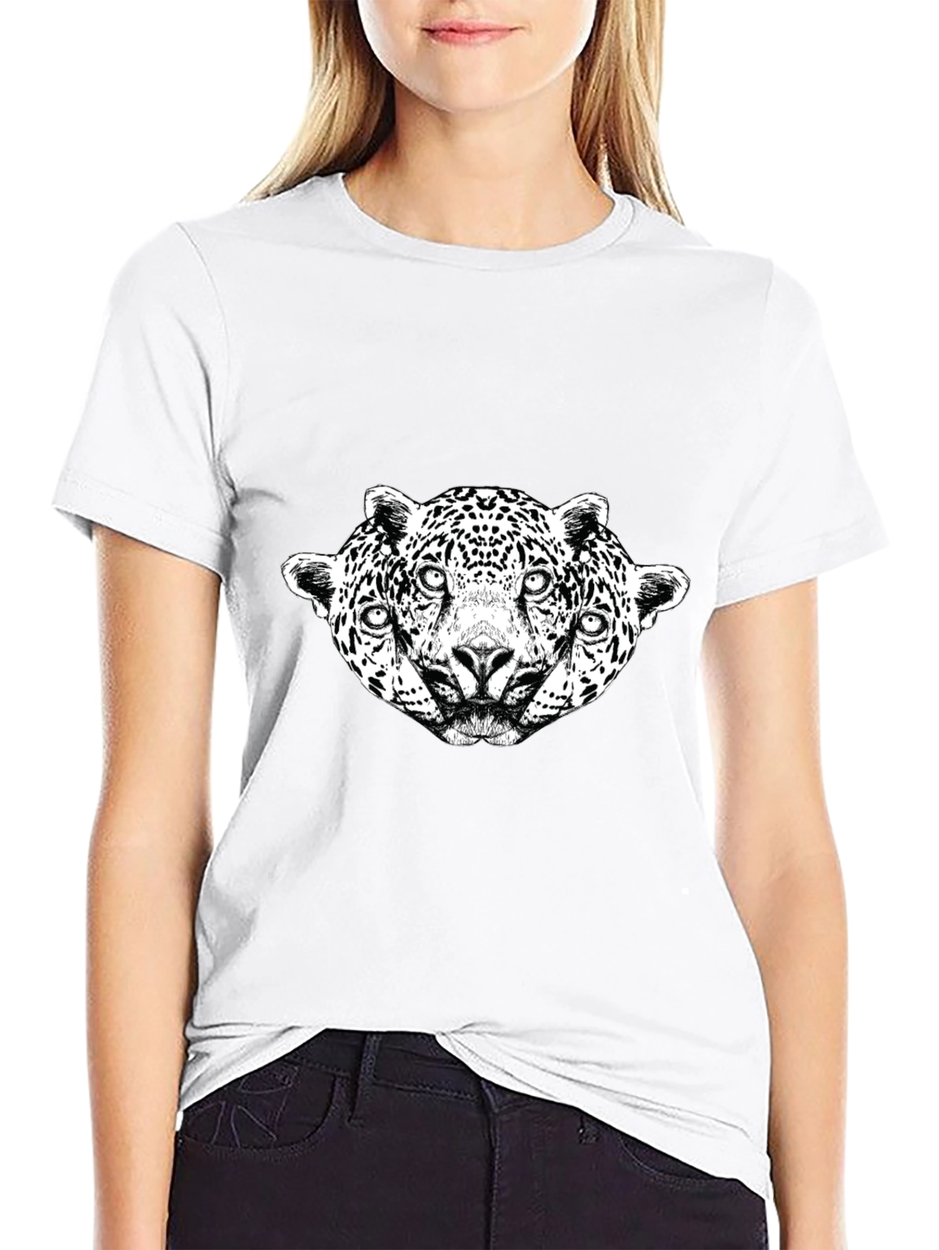 Unique Three Headed Leopard Graphic Black Tee