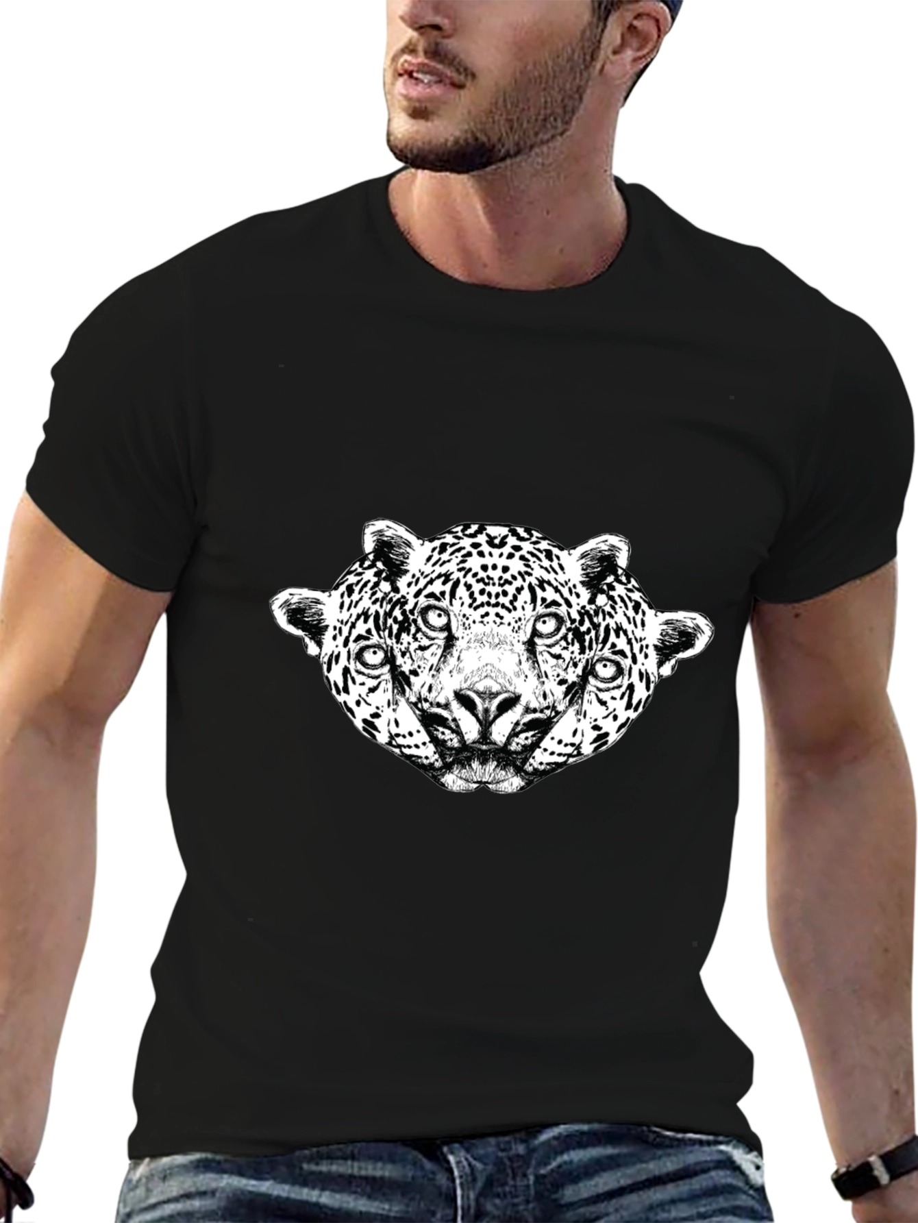 Unique Three Headed Leopard Graphic Black Tee
