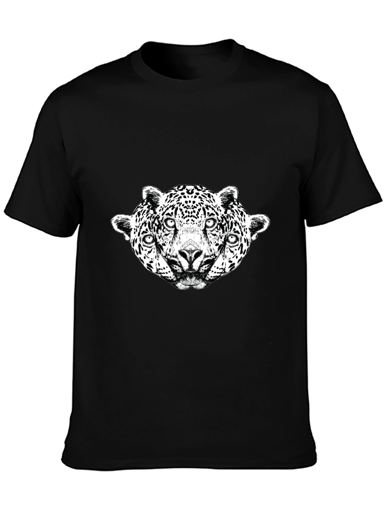 Unique Three Headed Leopard Graphic Black Tee