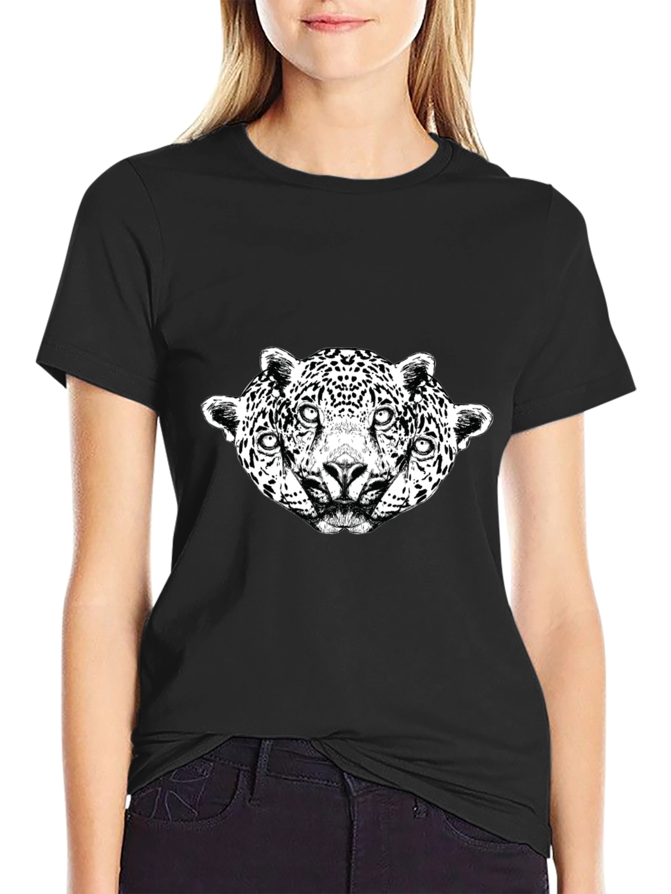 Unique Three Headed Leopard Graphic Black Tee