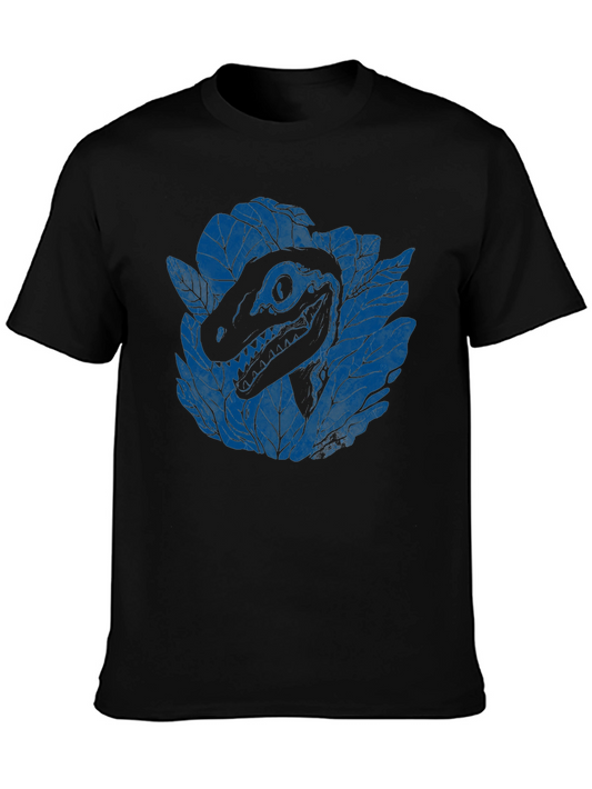 Dinosaur Skull & Leaves Graphic T-Shirt - Black Cotton Tee