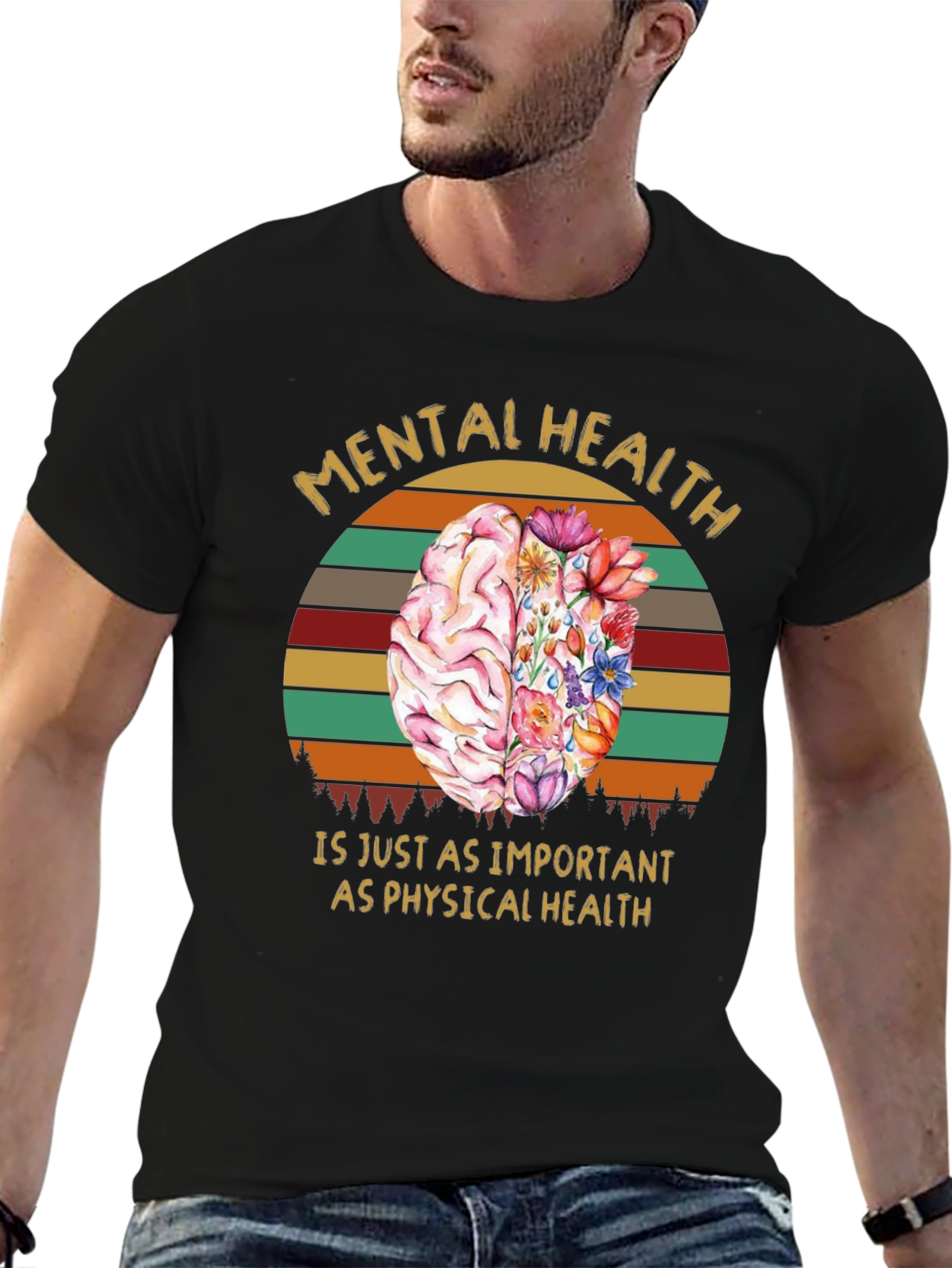 Mental Health T-Shirt: Brain & Floral Design