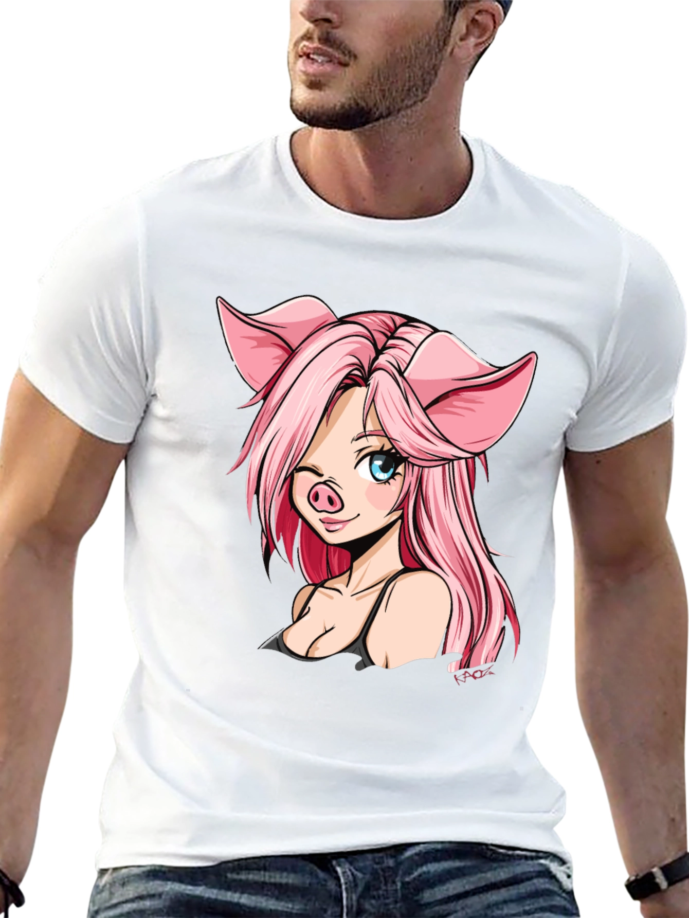 Pig Anime Girl Black T-Shirt