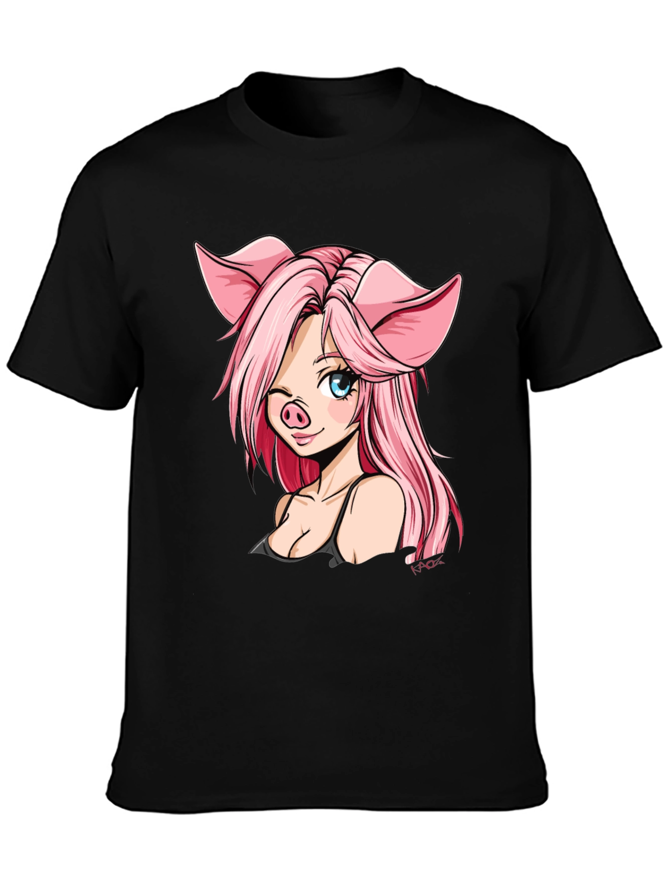 Pig Anime Girl Black T-Shirt