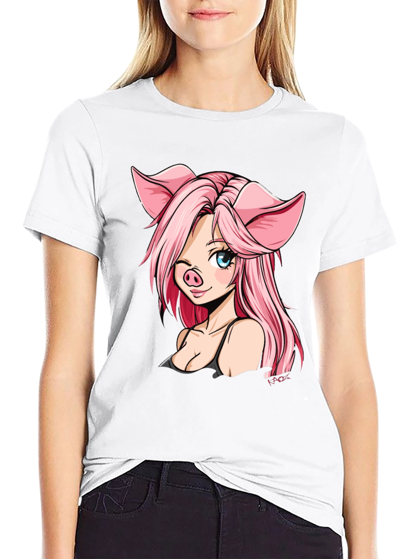 Pig Anime Girl Black T-Shirt