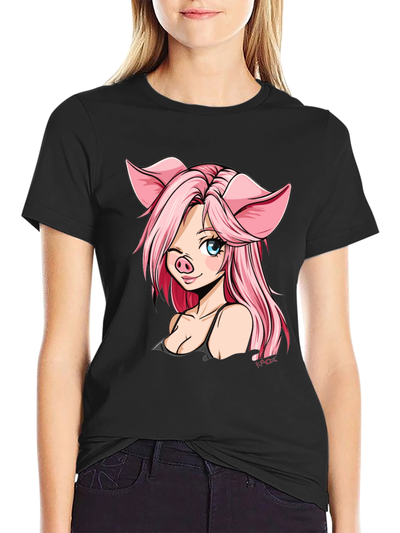 Pig Anime Girl Black T-Shirt
