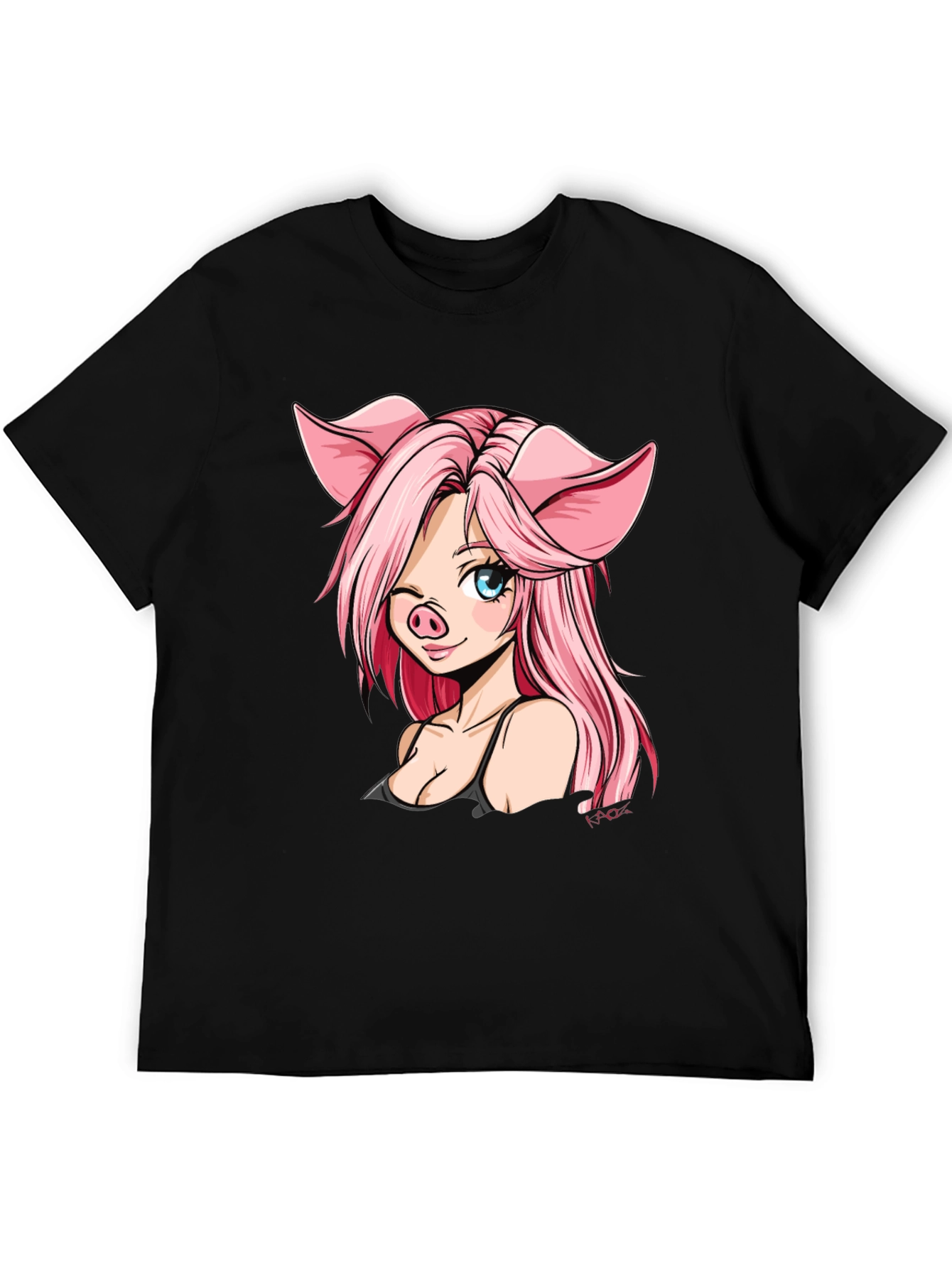 Pig Anime Girl Black T-Shirt