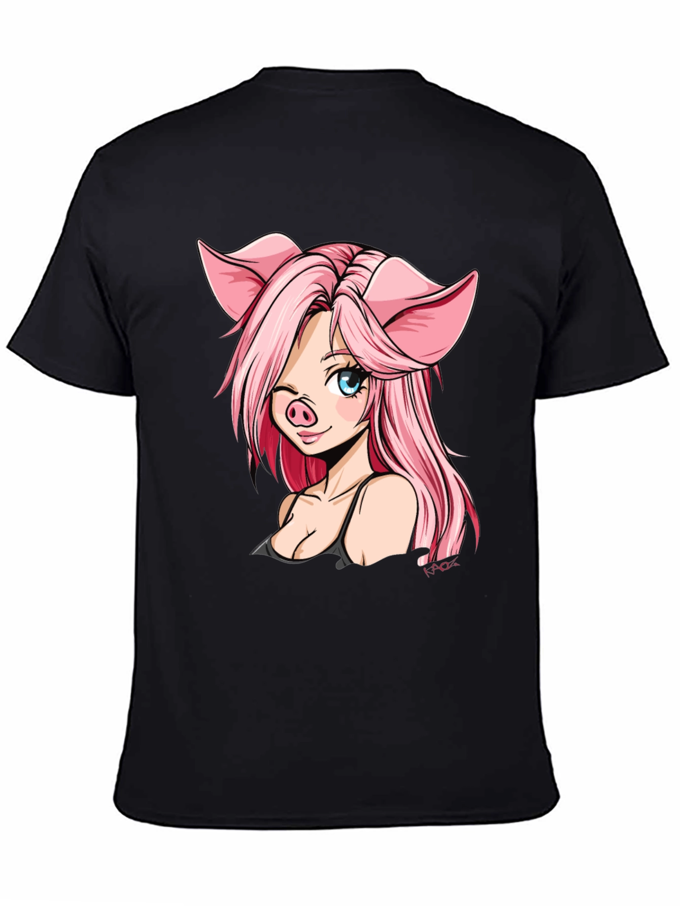 Pig Anime Girl Black T-Shirt